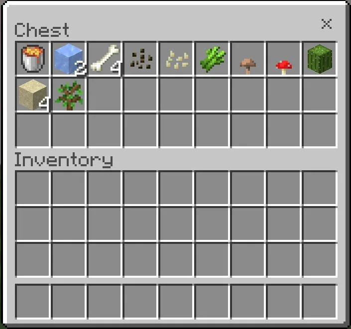 Chest inventory with lava ice and seeds for Classic Sky Block Map