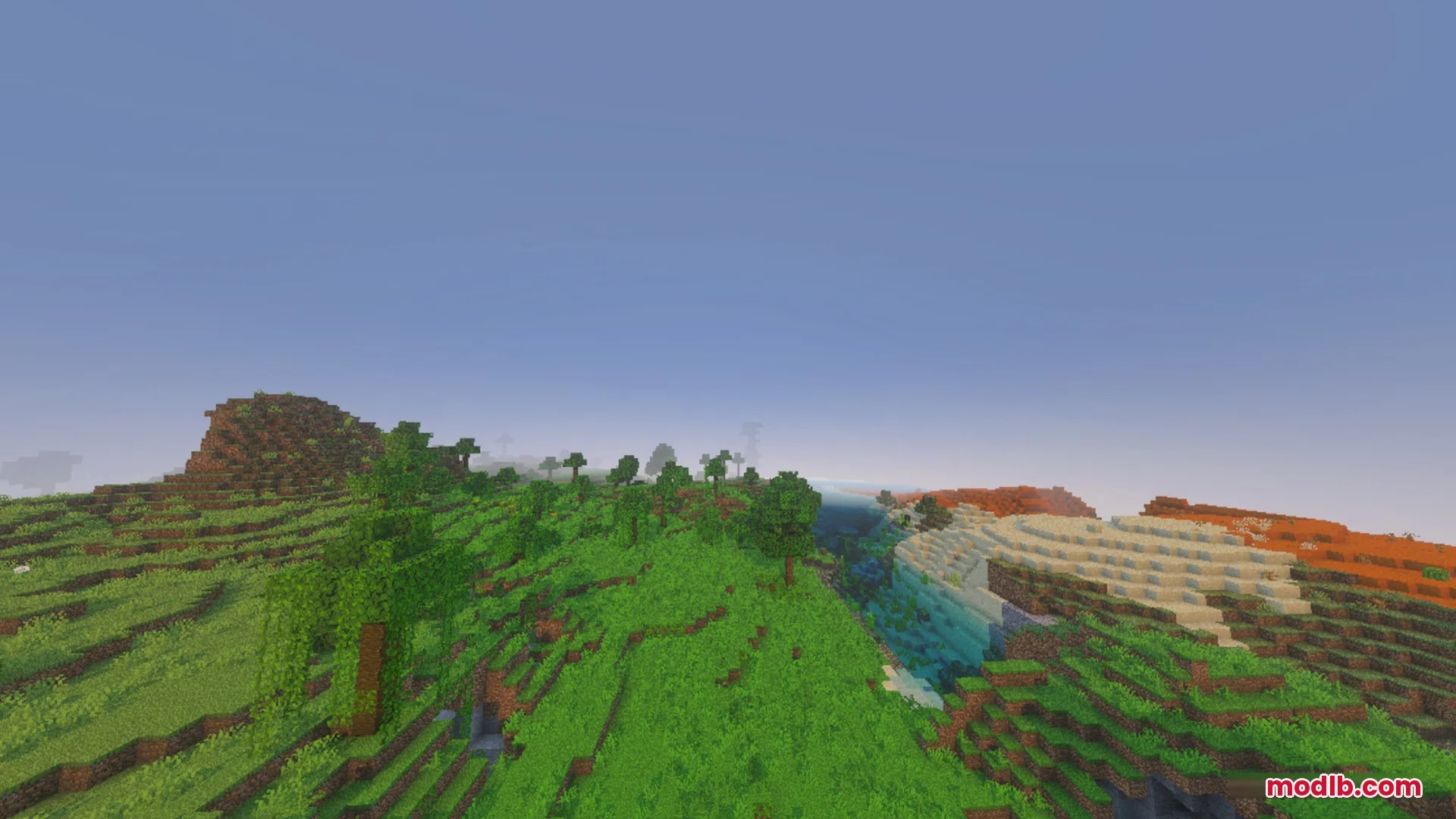 CLEAR FOG VISUAL Shader Screenshot 5 A vast Minecraft landscape with green hills and clear distant terrain visibility
