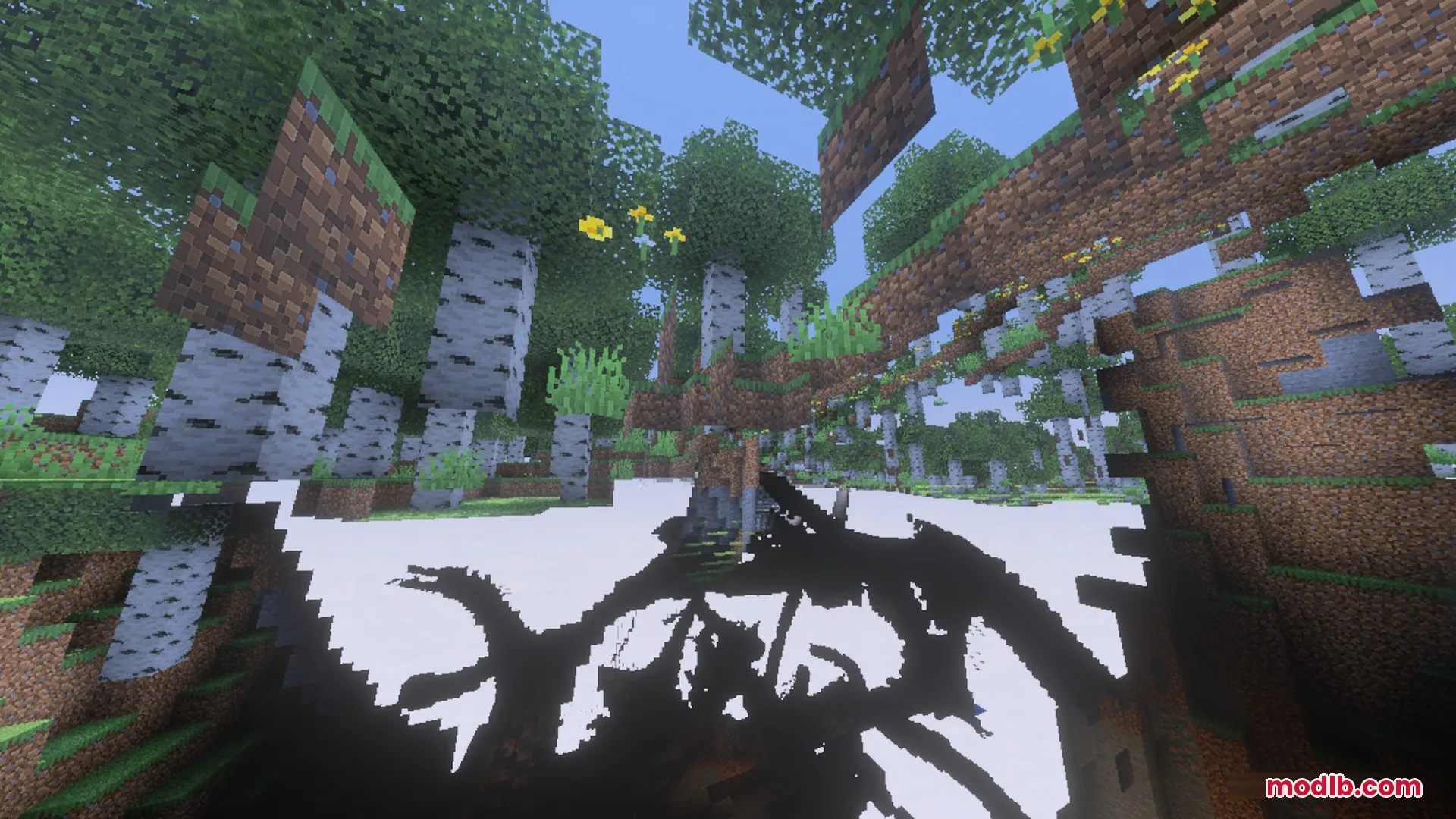 CLEAR FOG VISUAL Shader Screenshot 3 Glitched perspective of a birch forest with floating blocks and a white void