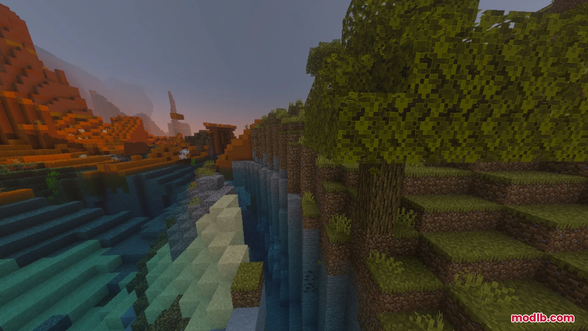 CLEAR FOG VISUAL Shader Screenshot 4 Clear view of a river flowing between a mesa biome and a forest