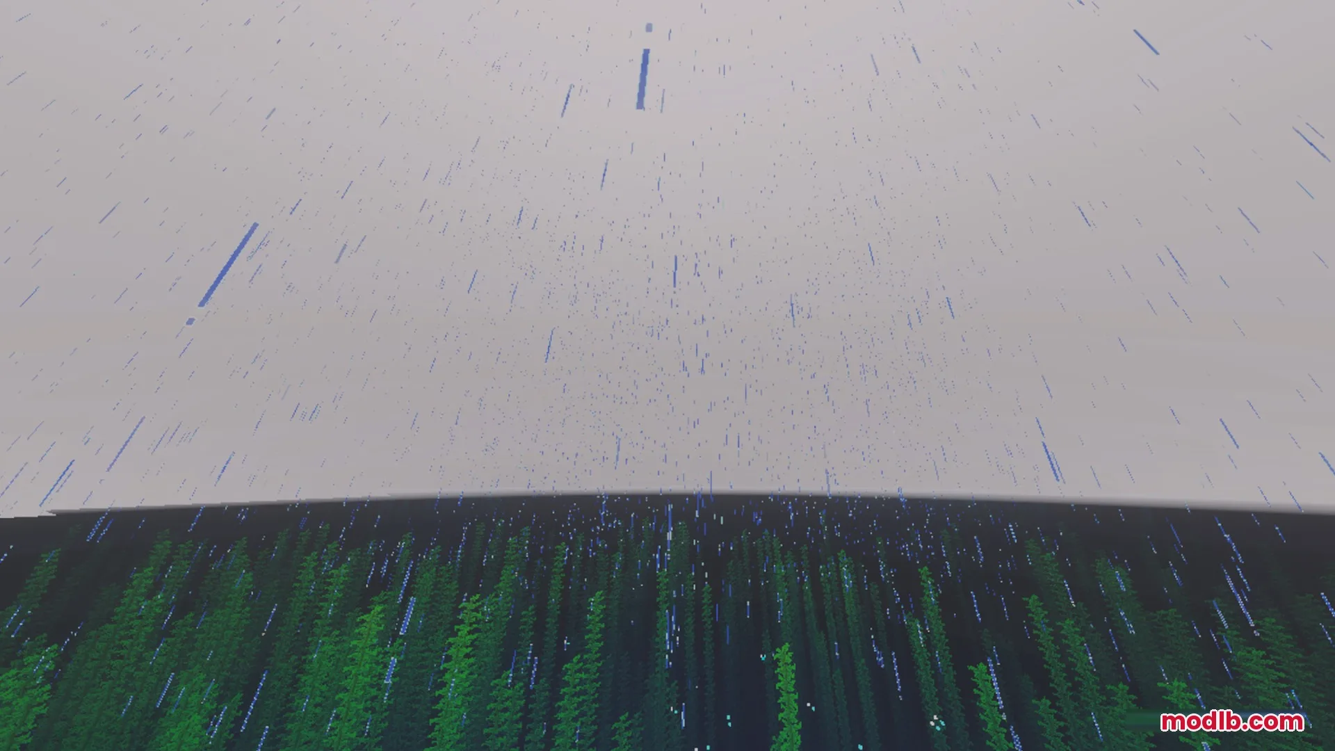 CLEAR FOG VISUAL Shader Screenshot 7 Rain falling over a dense forest with improved visibility and clear distant views