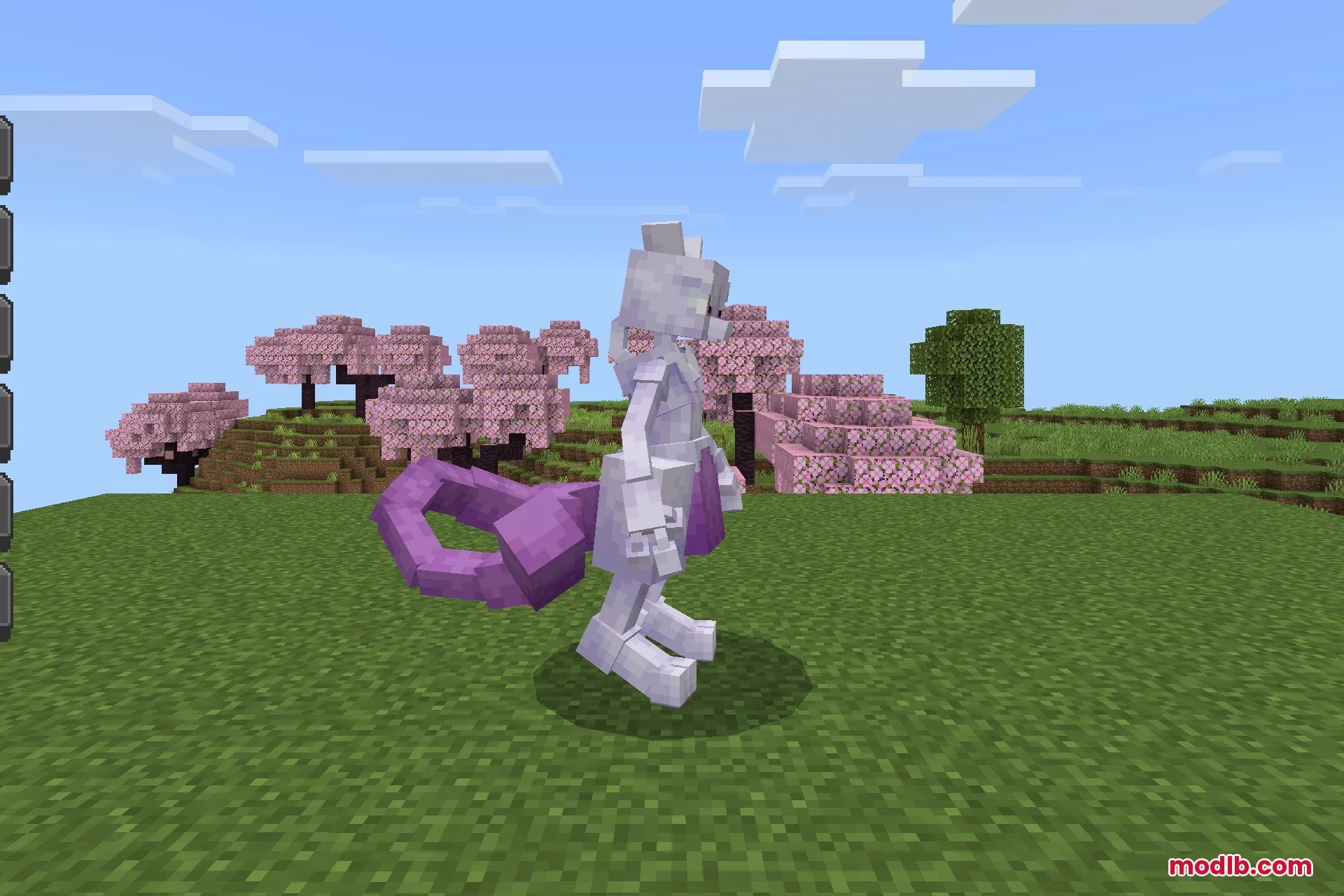 Mewtwo standing in a cherry blossom biome within the Minecraft world