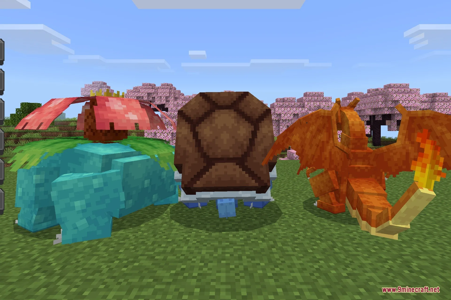 Venusaur Blastoise and Charizard models standing on a grassy field in Minecraft
