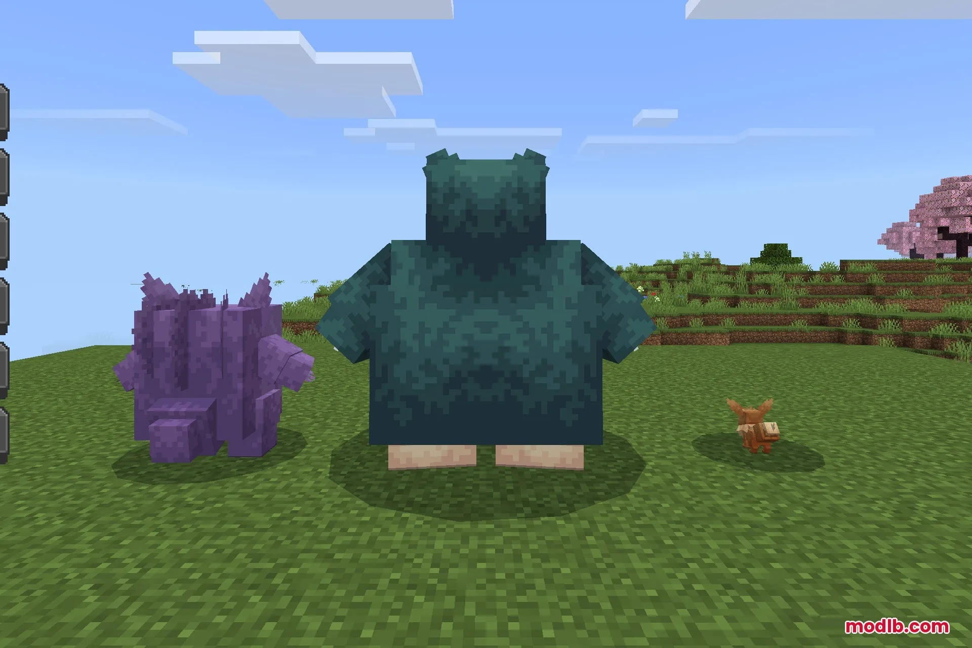 Gengar Snorlax and Eevee models standing together in a grassy Minecraft biome