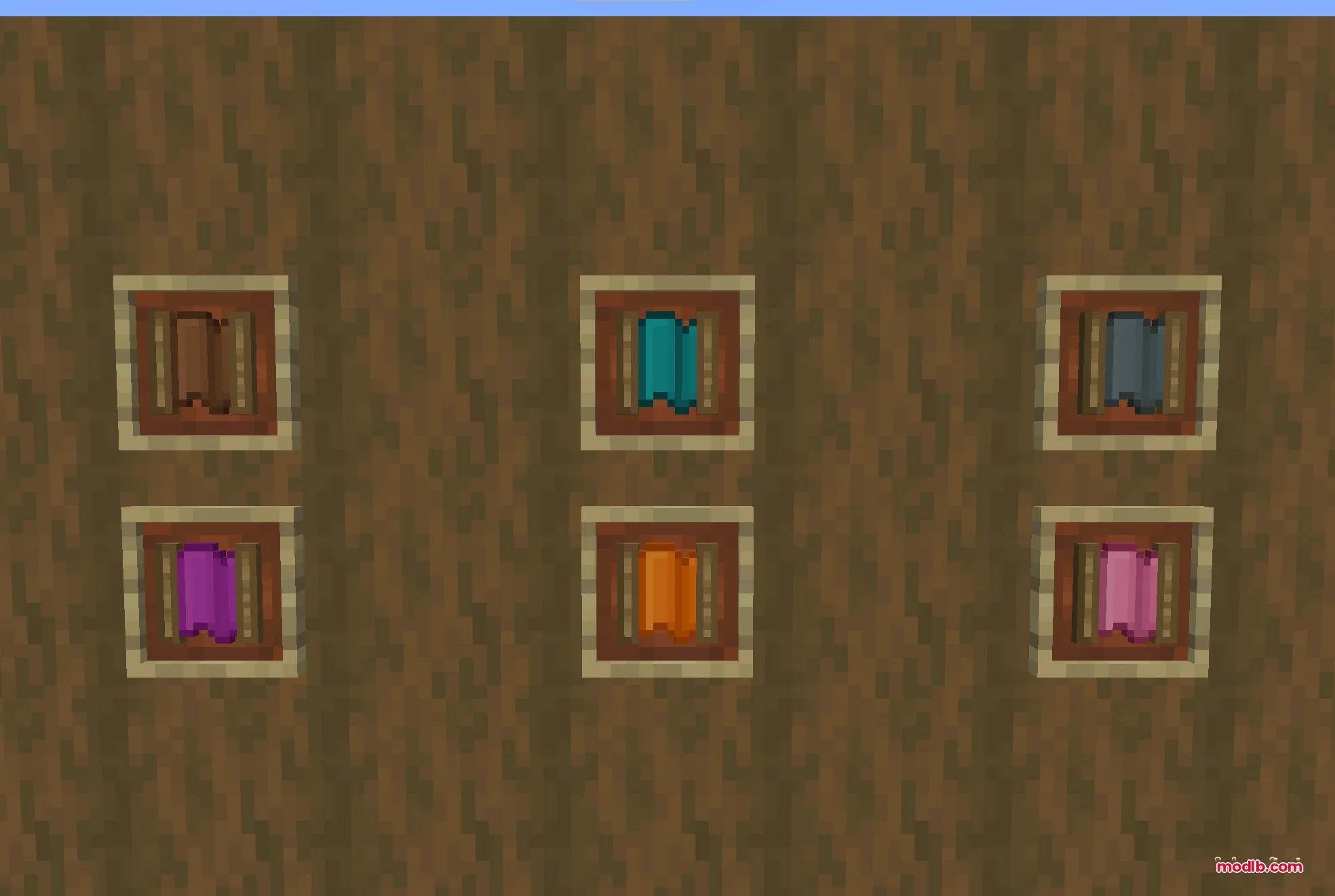 Comforts Modernized 9minecraft Resource Pack Screenshot 3 Six colorful hammocks displayed in item frames on a wooden wall