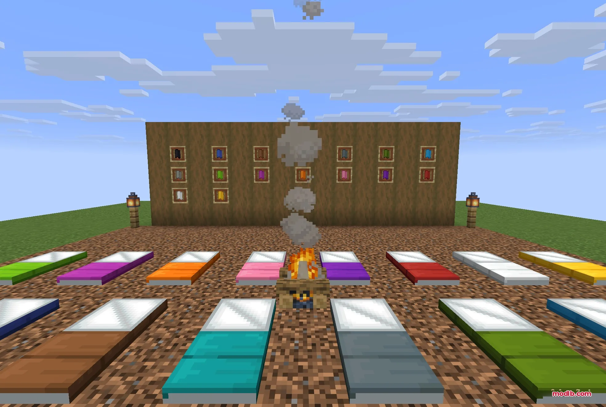 Comforts Modernized 9minecraft Resource Pack Screenshot 2 Symmetrical arrangement of vibrant sleeping bags surrounding a burning campfire on dirt ground