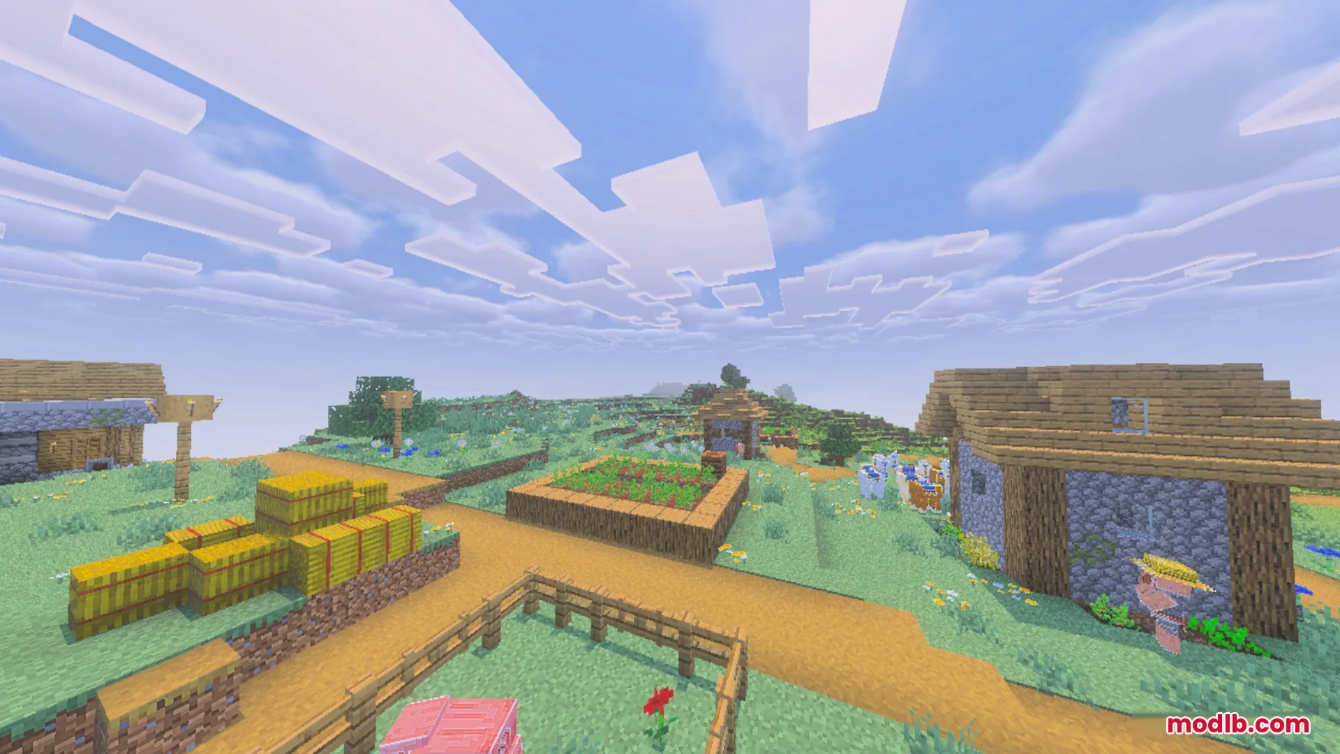 Complementary Unbound Clouds Shader Screenshot 4 Peaceful Minecraft village under a bright blue sky with blocky white clouds