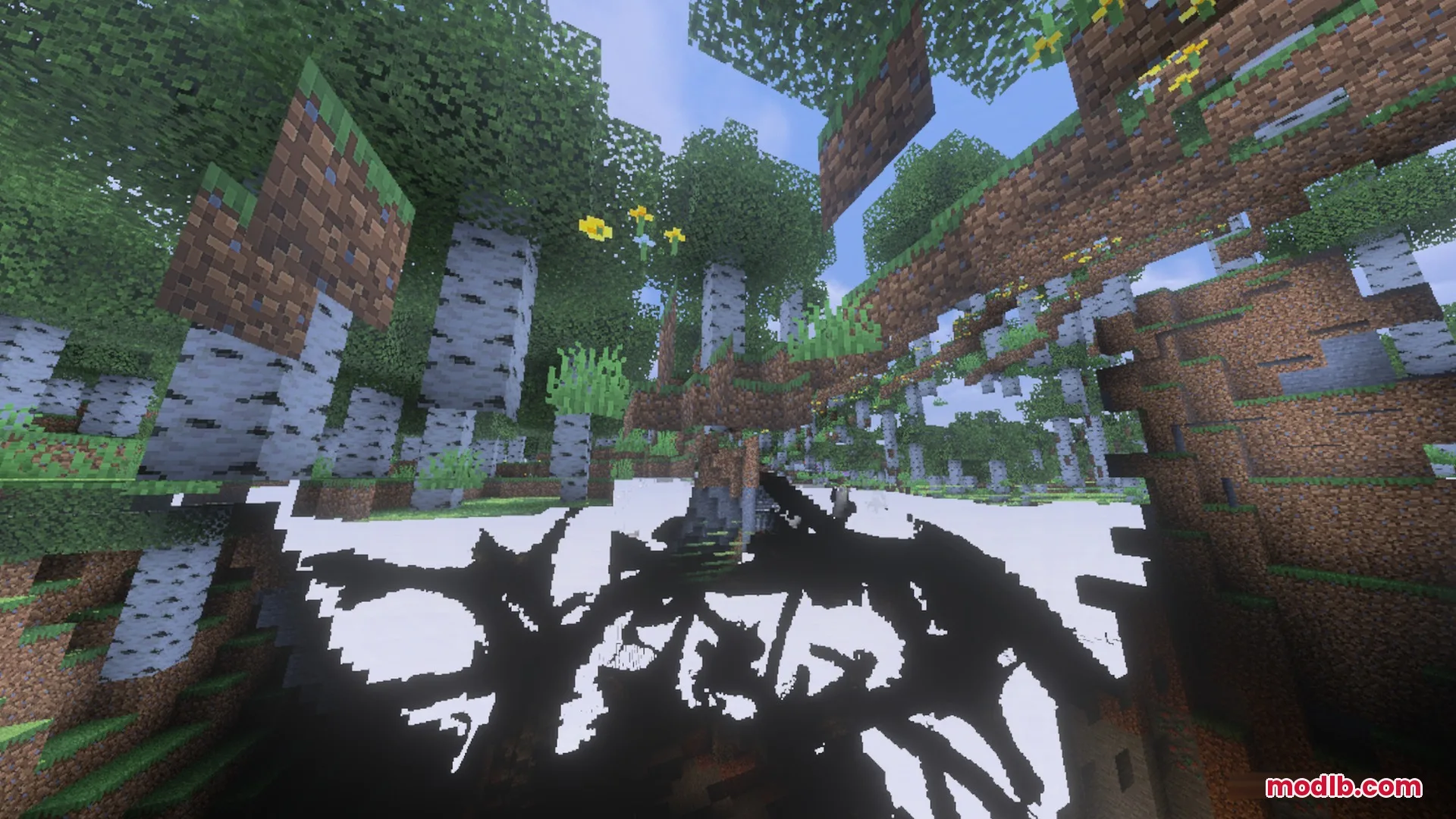 Complementary Unbound Clouds Shader Screenshot 7 Birch forest with floating blocks and a large black and white ground pattern