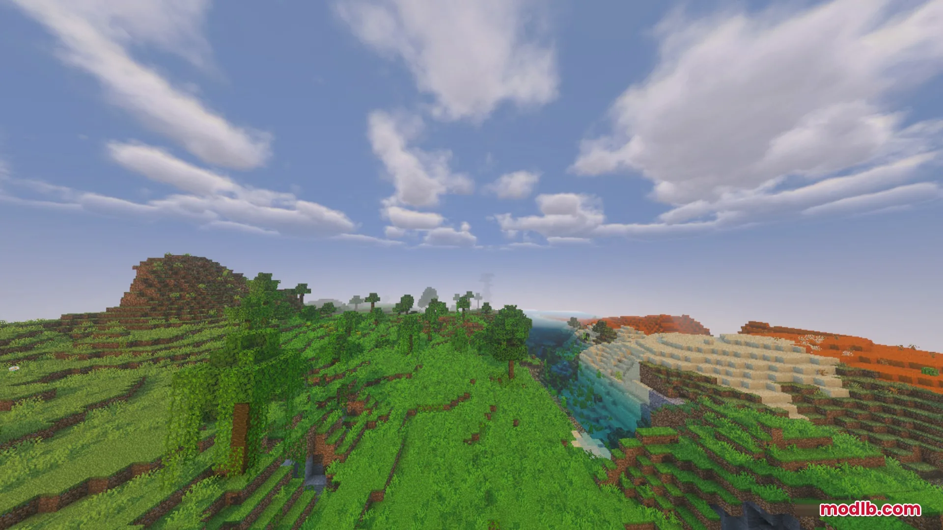 Complementary Unbound Clouds Shader Screenshot 8 Lush green hills and a river under a bright sky with fluffy clouds