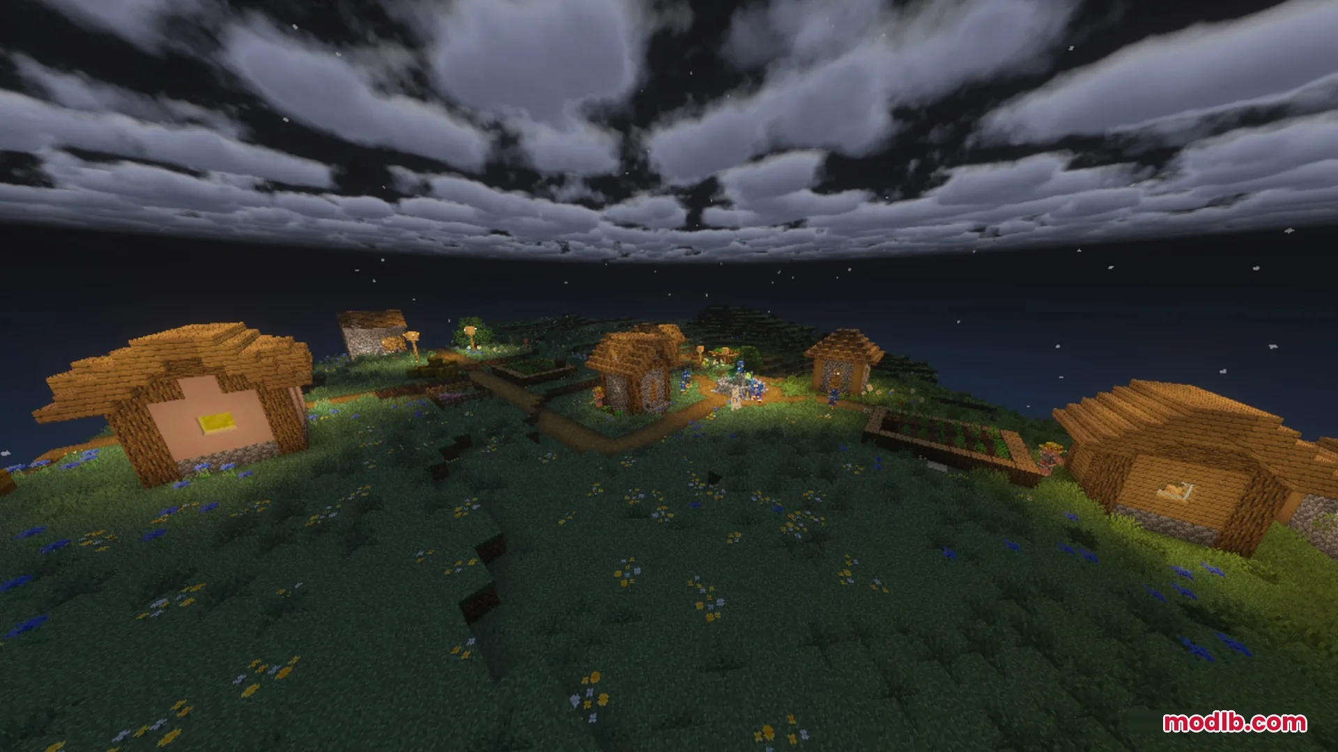 Complementary Unbound Clouds Shader Screenshot 2 Small village at night under a dark sky with scattered soft clouds