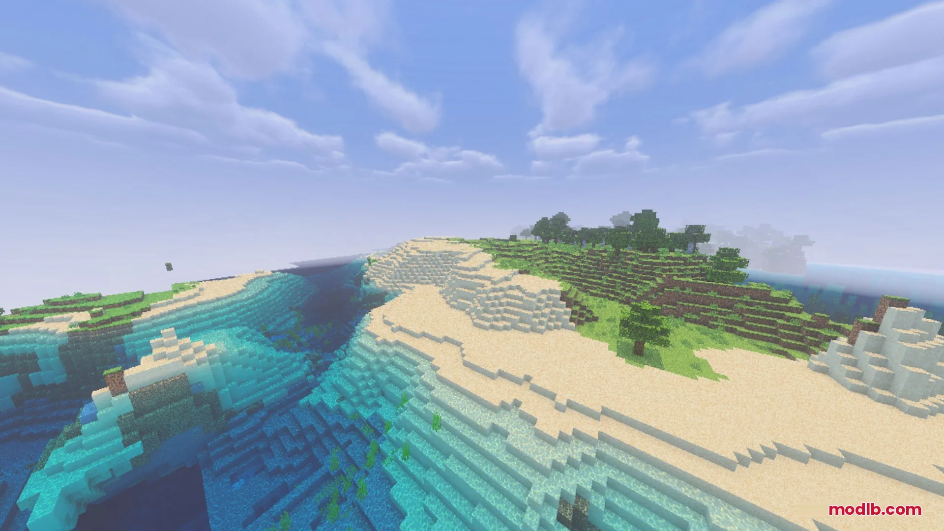 Complementary Unbound Clouds Shader Screenshot 6 Bright beach with white sand and clear blue water under soft clouds