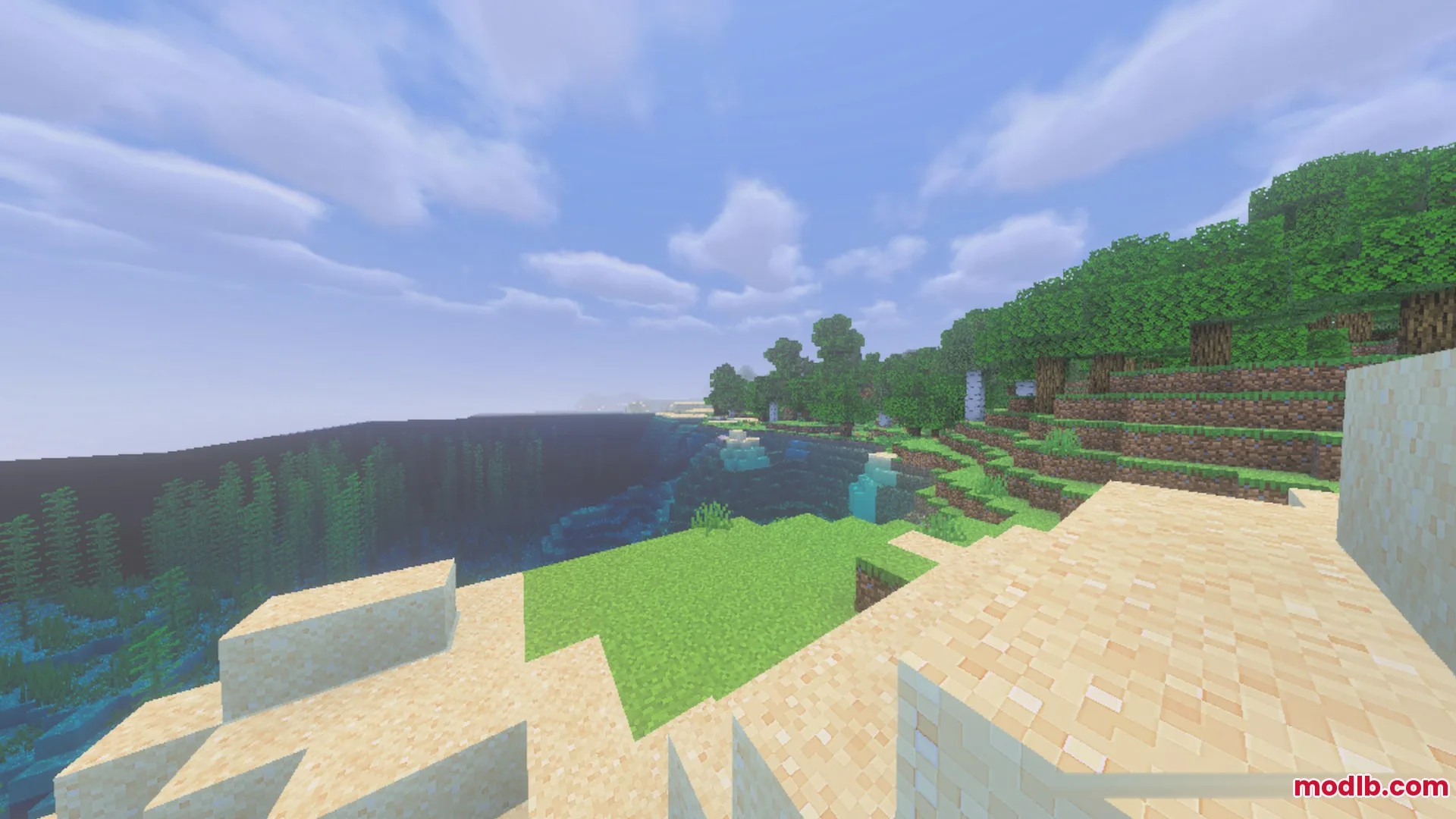 Complementary Unbound Clouds Shader Screenshot 9 Soft white clouds drift over a lush Minecraft landscape with a sandy beach