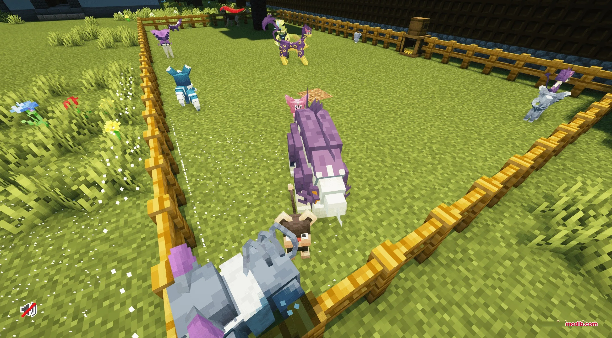 A diverse collection of monsters roaming inside a large fenced grassy enclosure