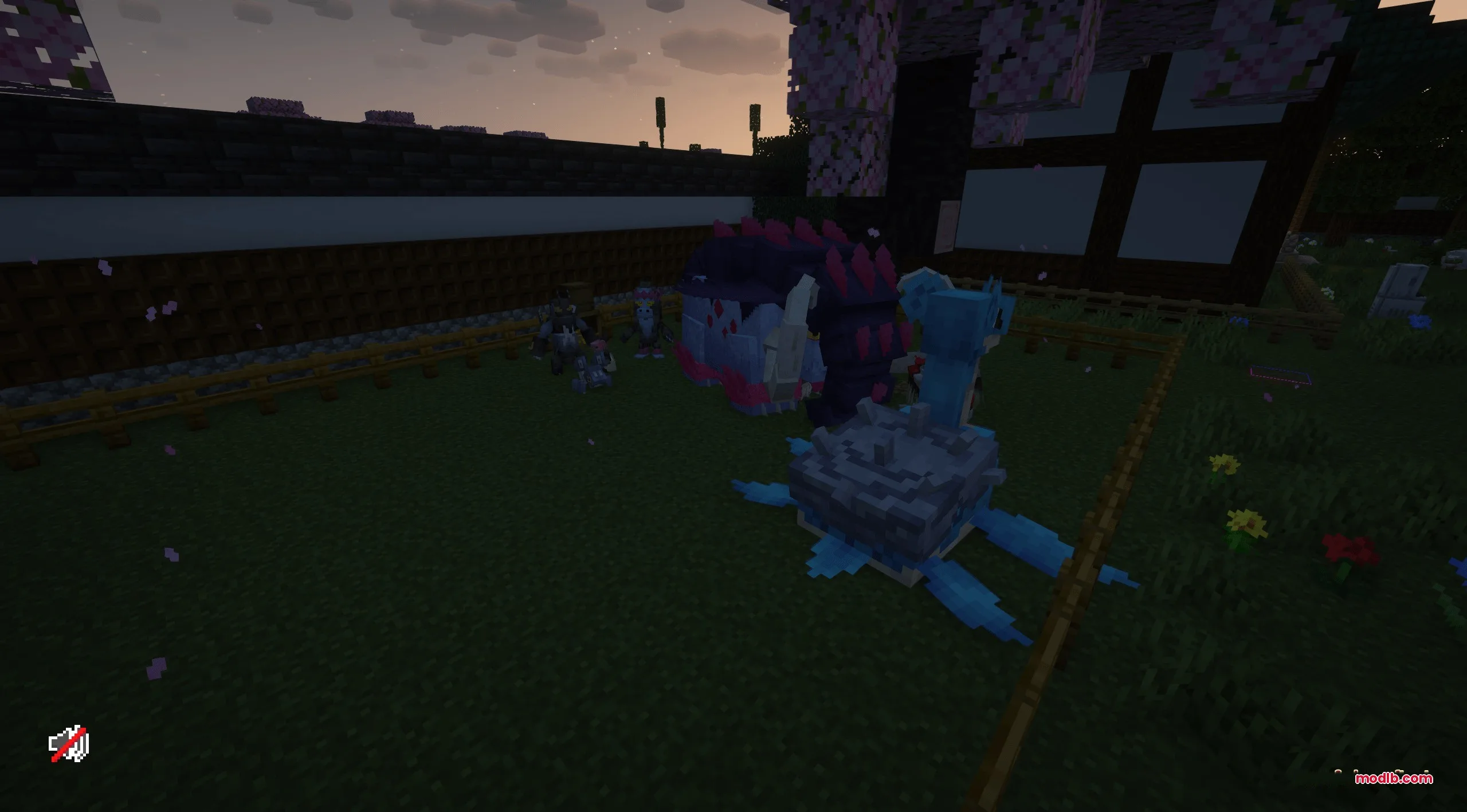 A Lapras and other Cobblemon species standing in a fenced field at sunset