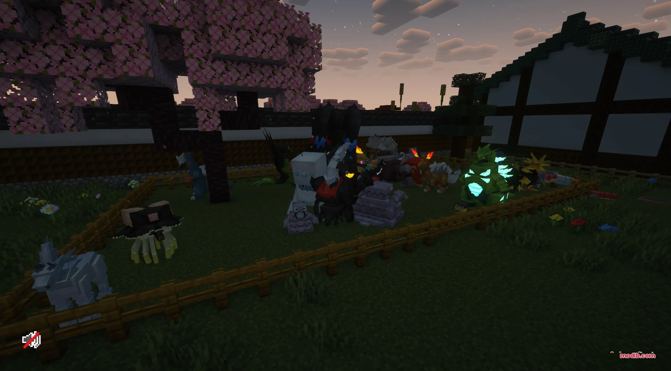 Various custom Cobblemon models gathered in a fenced area under cherry blossoms
