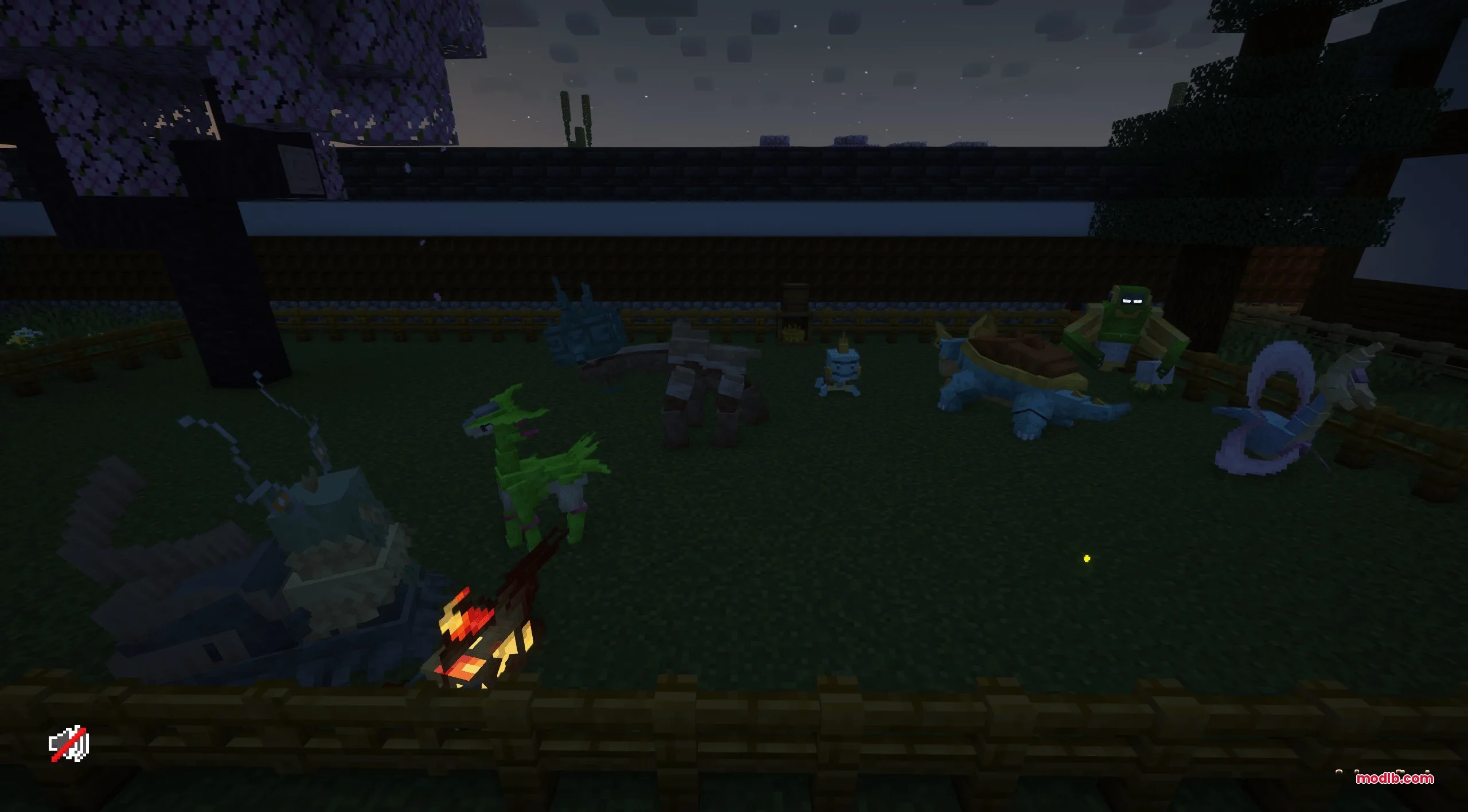 A group of legendary creatures resting in a fenced area at night