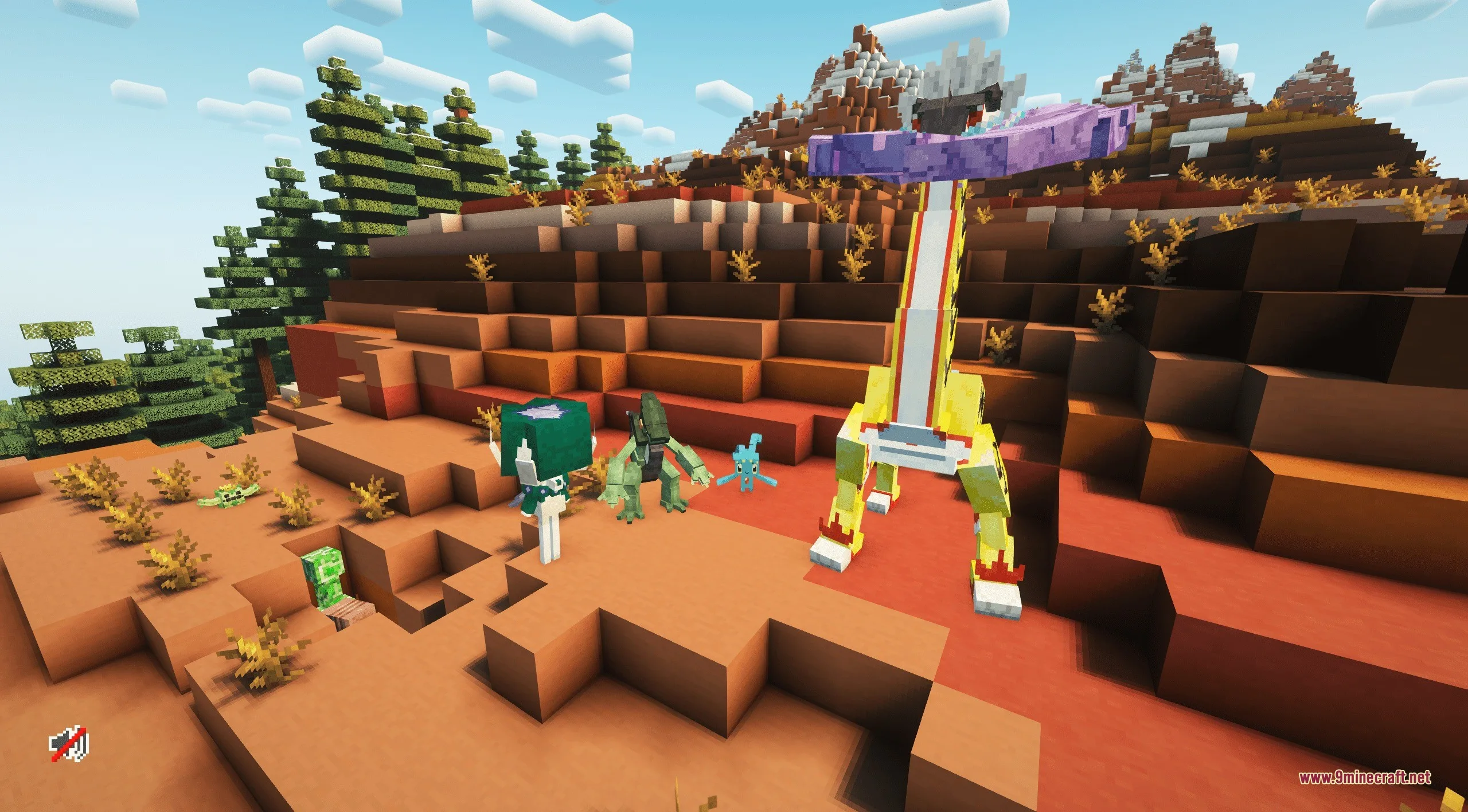 Legendary Cobblemon species roaming freely in a red sand mesa biome