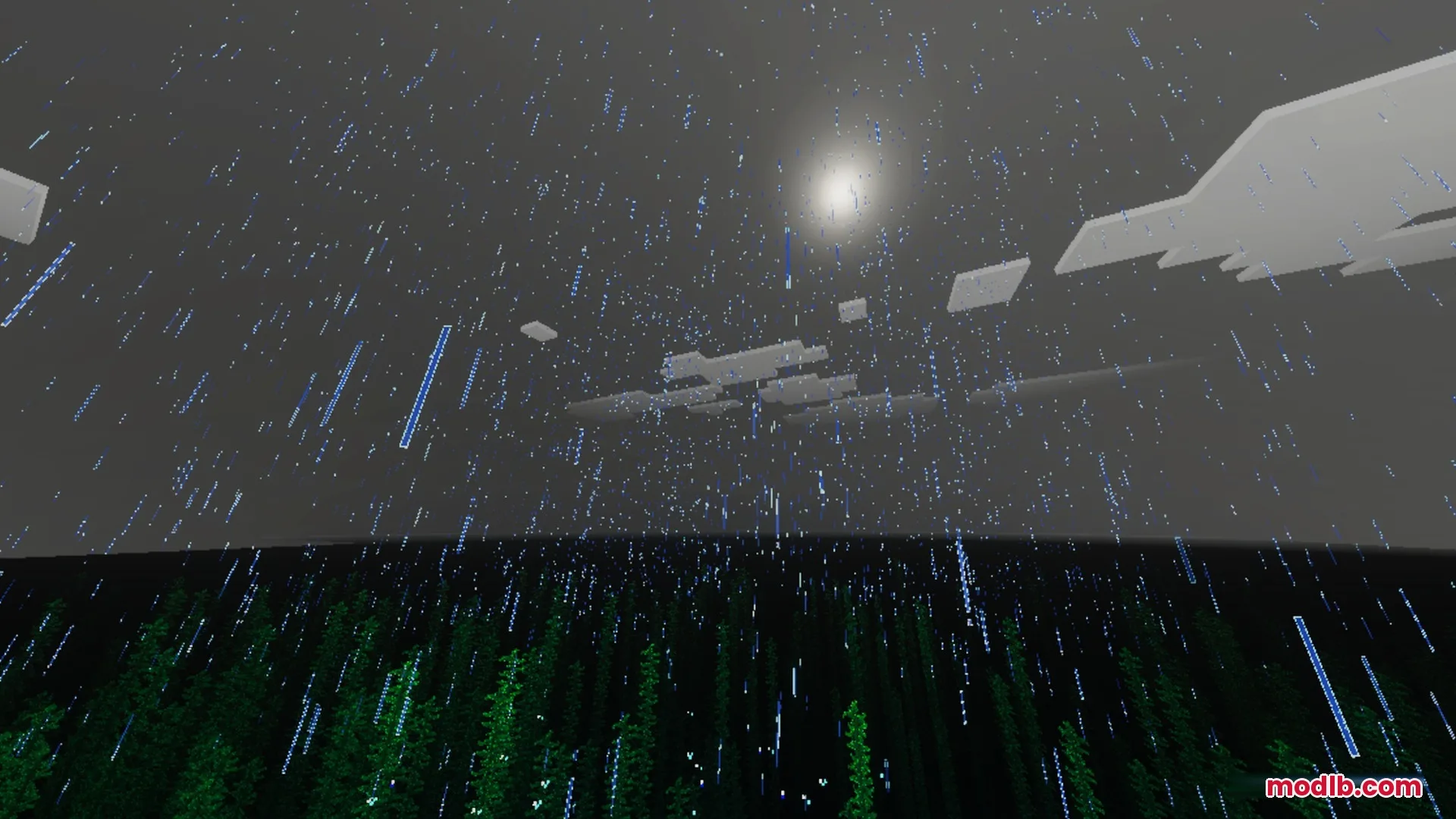 Complimentory Vibrant Visuals Shader Screenshot 5 Rain falling over a dark forest with the moon visible in the sky