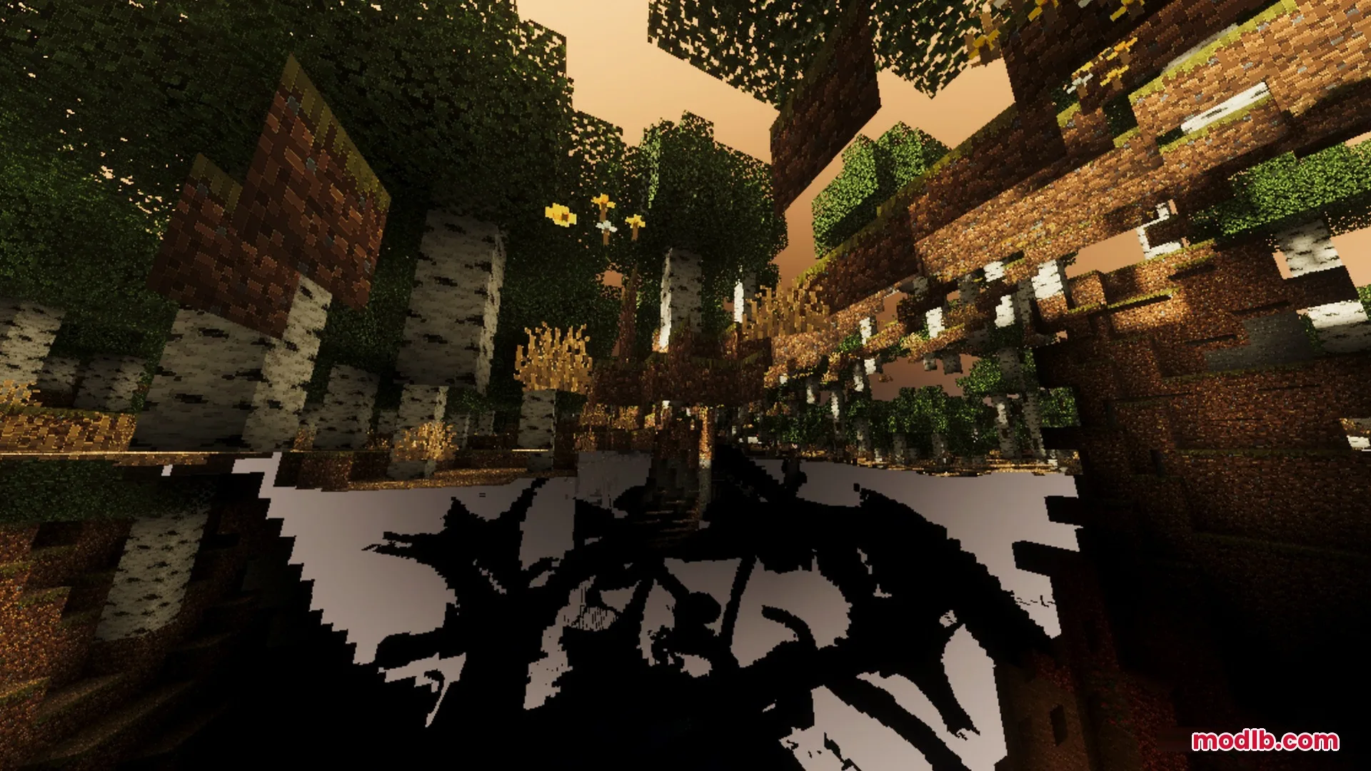 Complimentory Vibrant Visuals Shader Screenshot 2 Birch forest with deep shadows and orange sky in Minecraft Bedrock