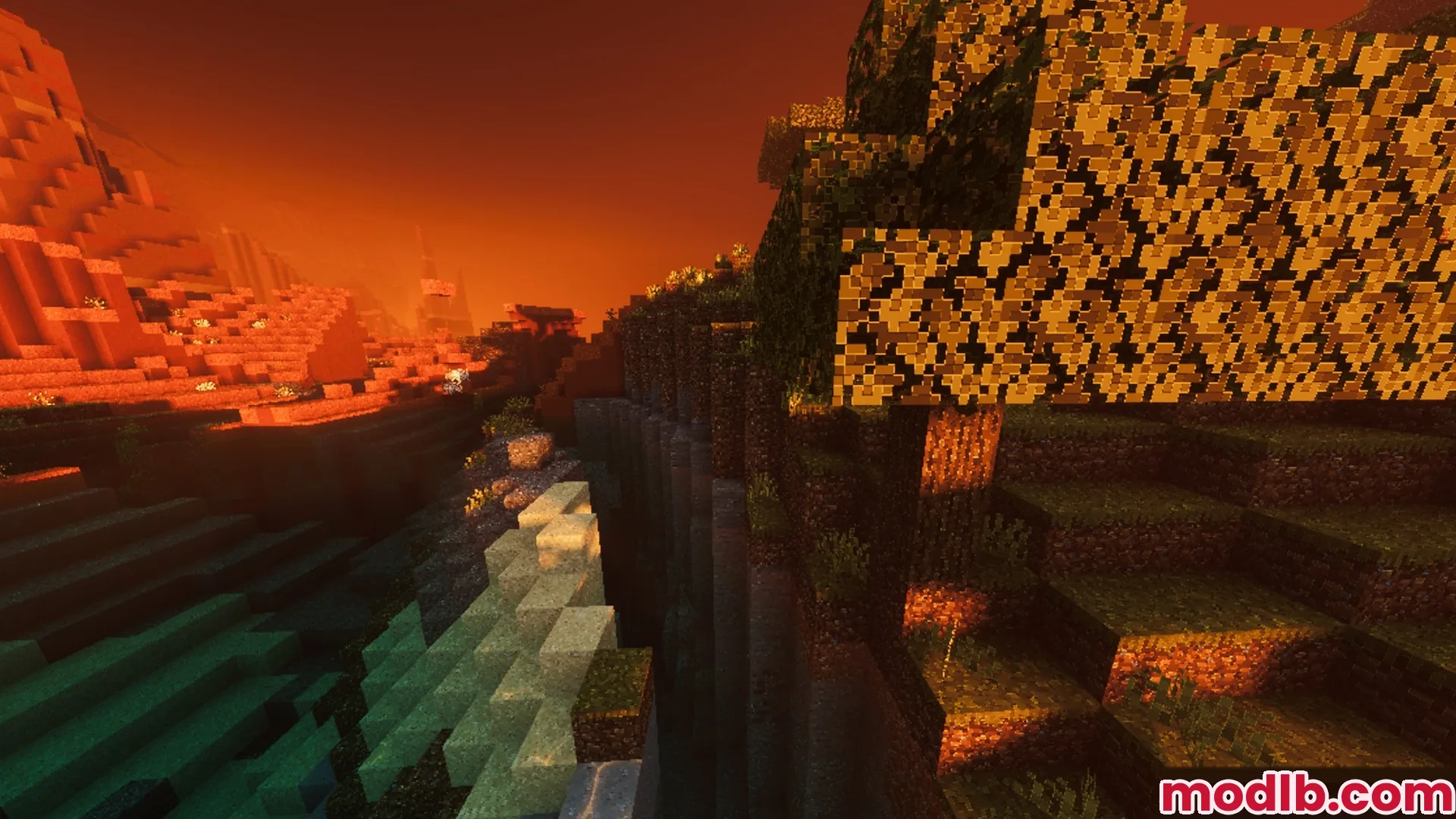 Complimentory Vibrant Visuals Shader Screenshot 3 Warm sunset light illuminating a cliffside forest with realistic shadows and textures