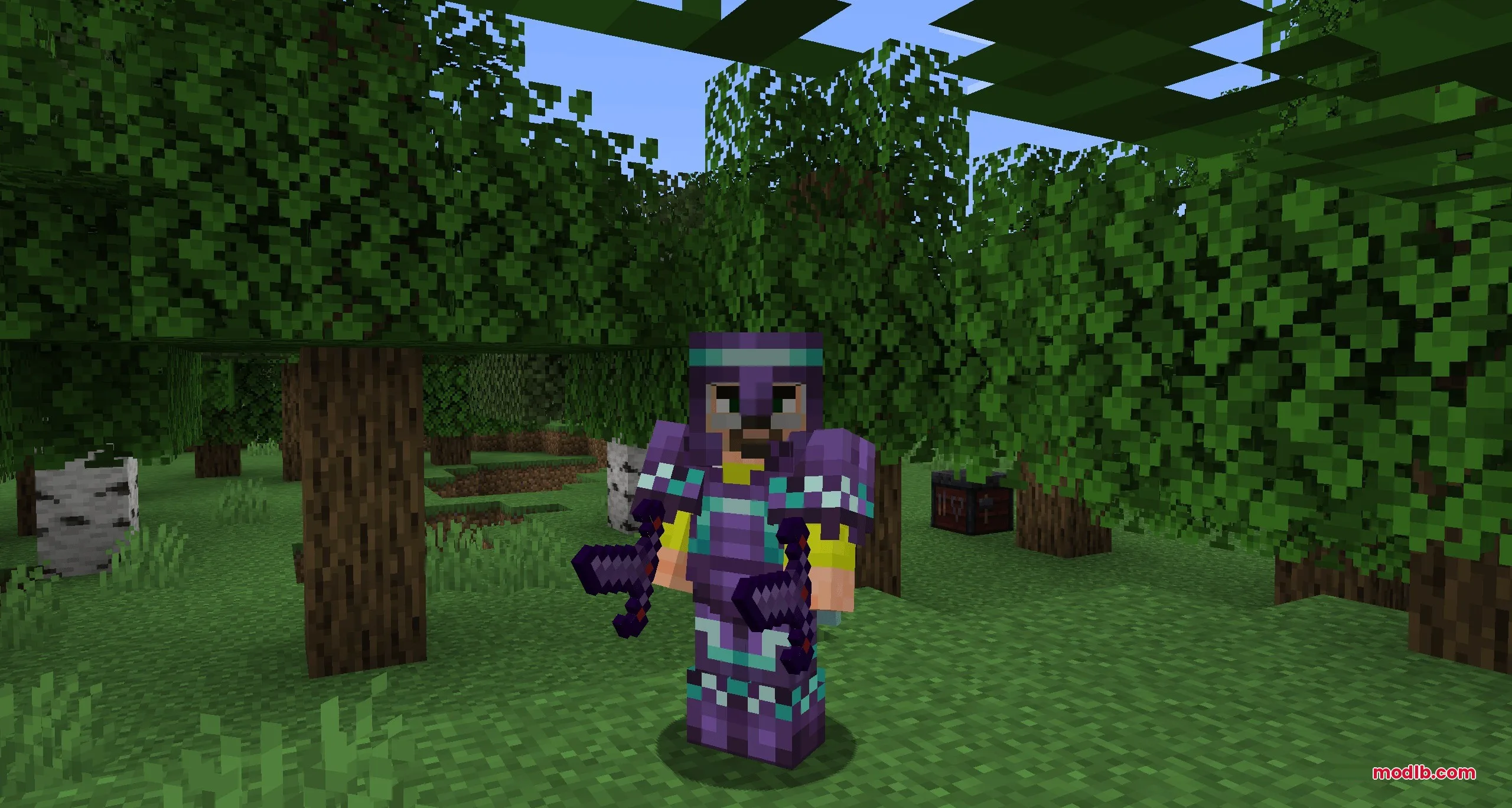 Dark Blades Armor Trims Data Pack Screenshot 1 A Minecraft player wearing purple armor with cyan trims in a forest