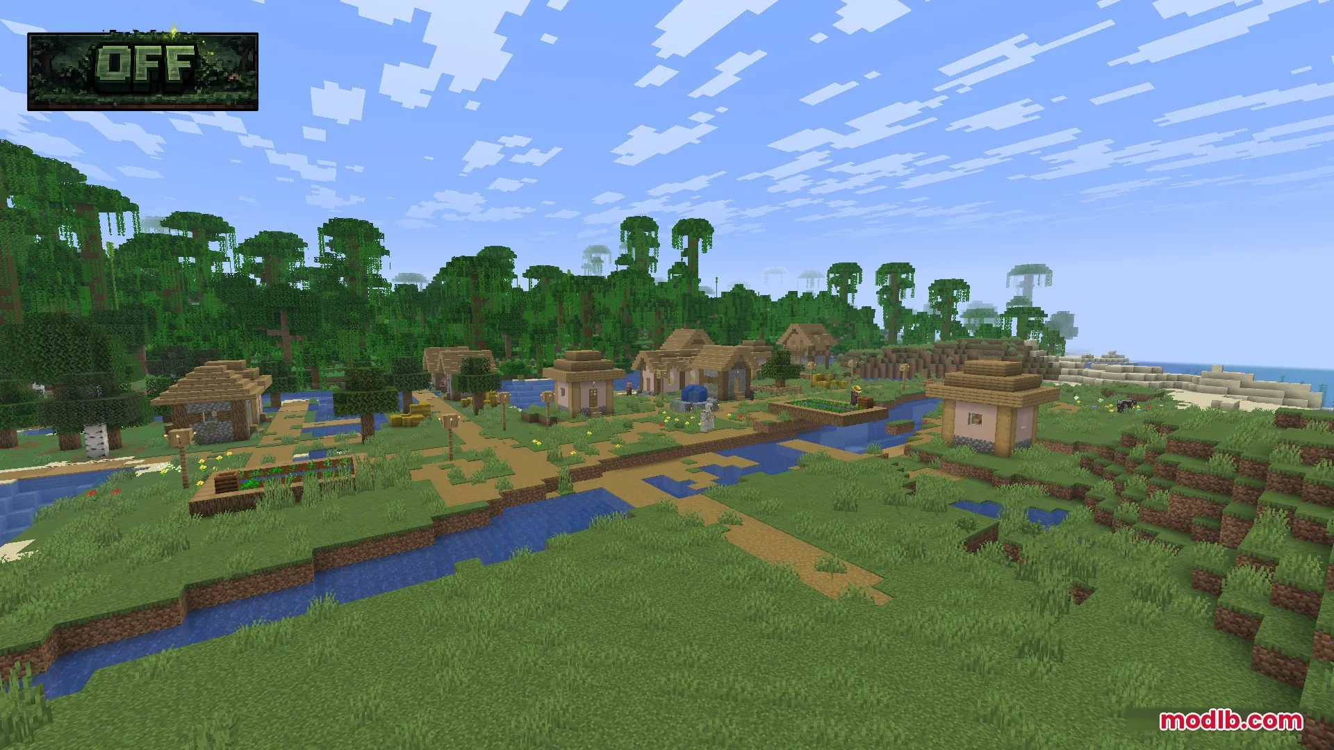 A peaceful village by a river with dark green grass and jungle