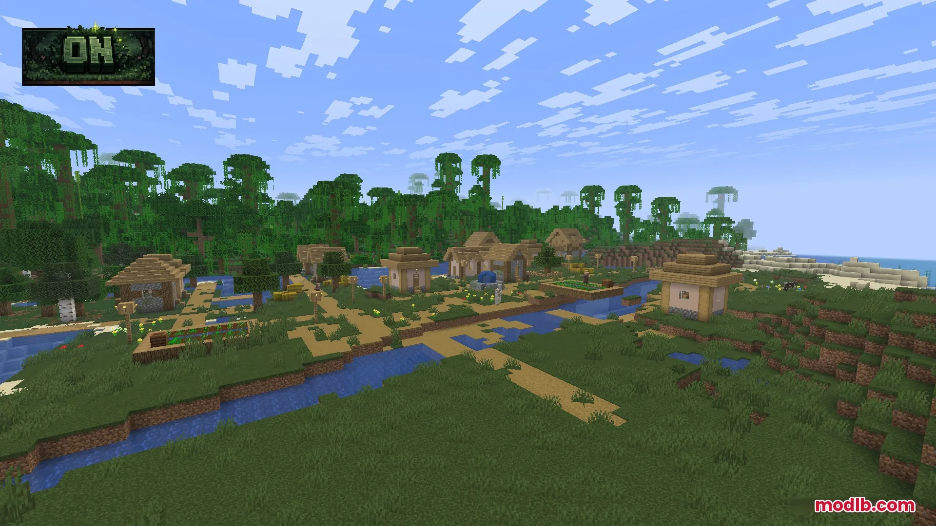 A village near a jungle biome featuring dark green grass and wooden houses