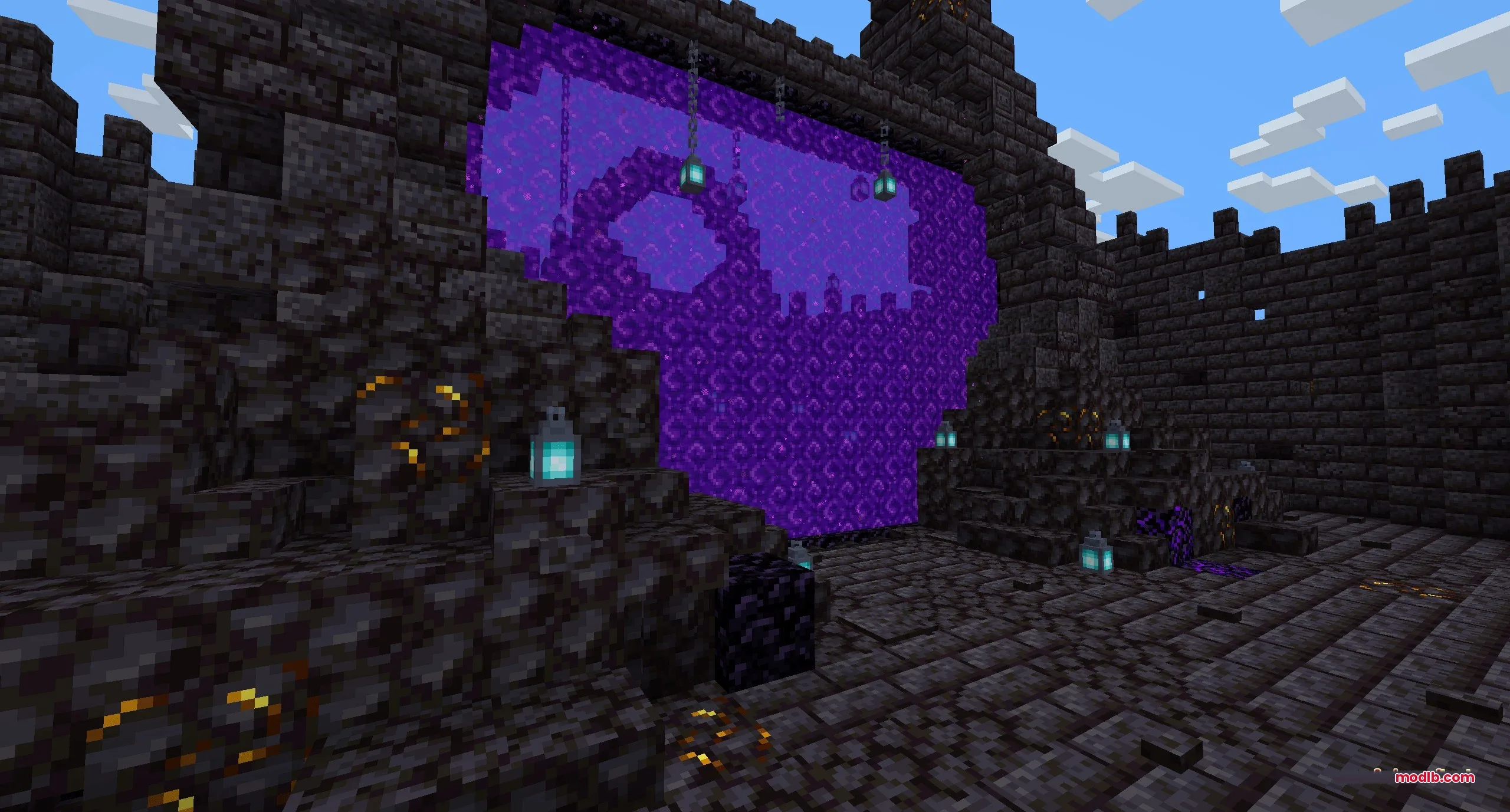 Dimensional Breach Scars Data Pack Screenshot 1 A large purple Nether portal decorated with soul lanterns and blackstone blocks
