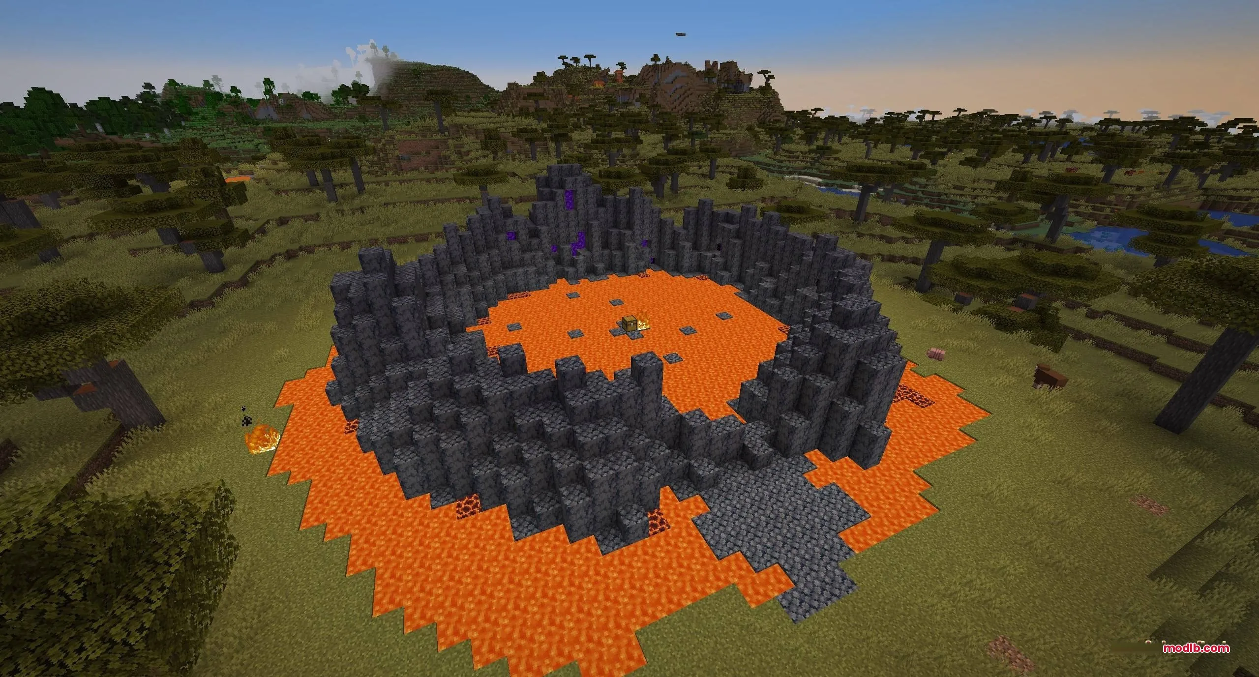 Dimensional Breach Scars Data Pack Screenshot 3 Basalt Deltas portal structure with a lava pool and a treasure chest