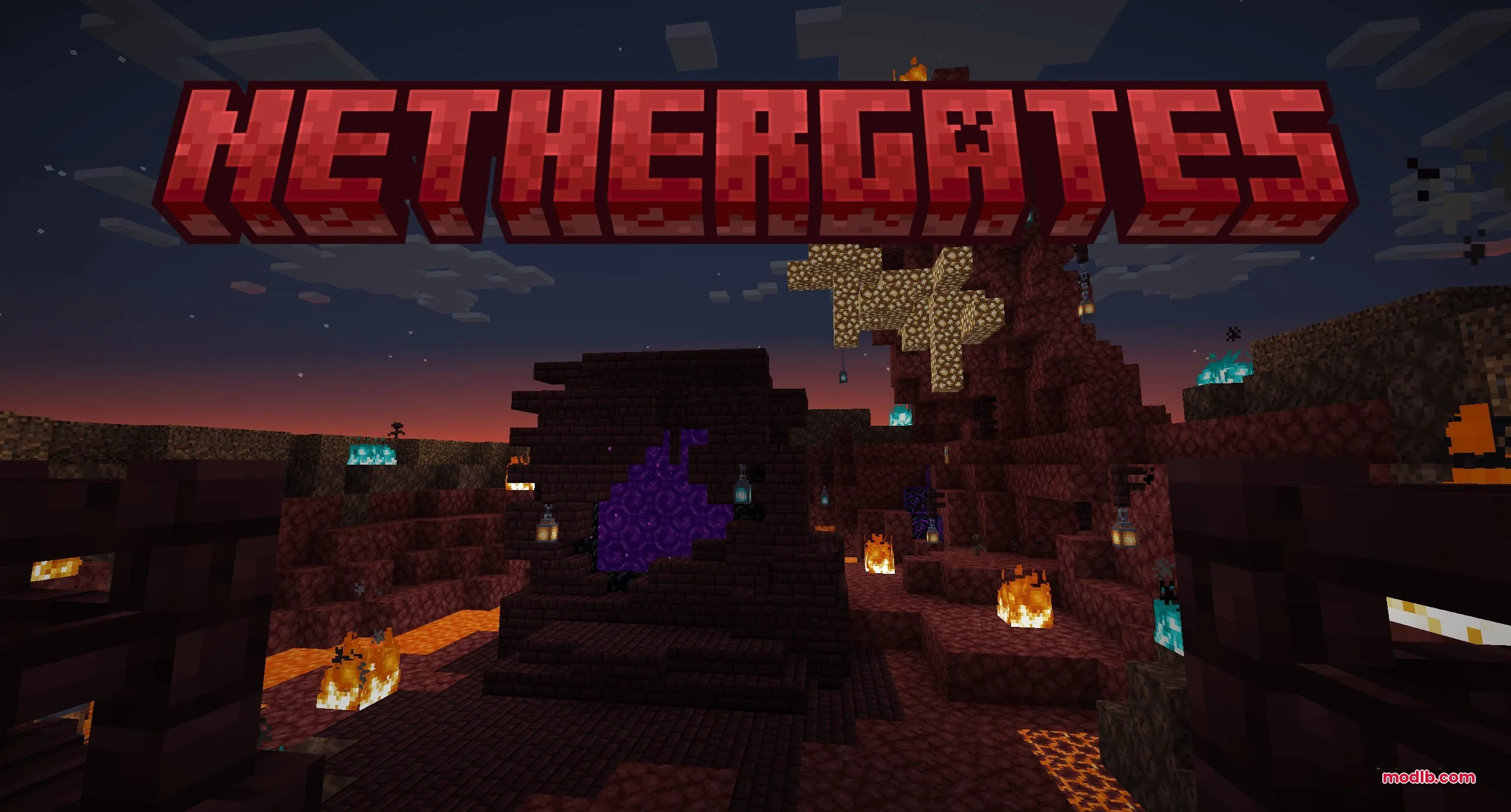 Dimensional Breach Scars Data Pack Screenshot 8 A nether portal structure at night featuring fire and glowing soul lanterns