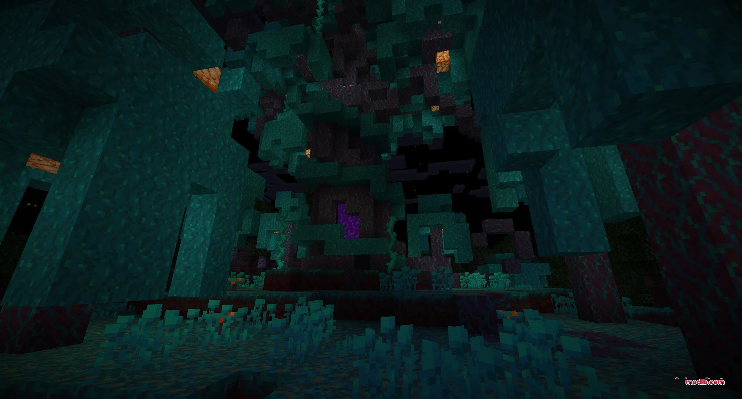 Dimensional Breach Scars Data Pack Screenshot 4 Warped forest portal structure surrounded by warped blocks in a dark forest