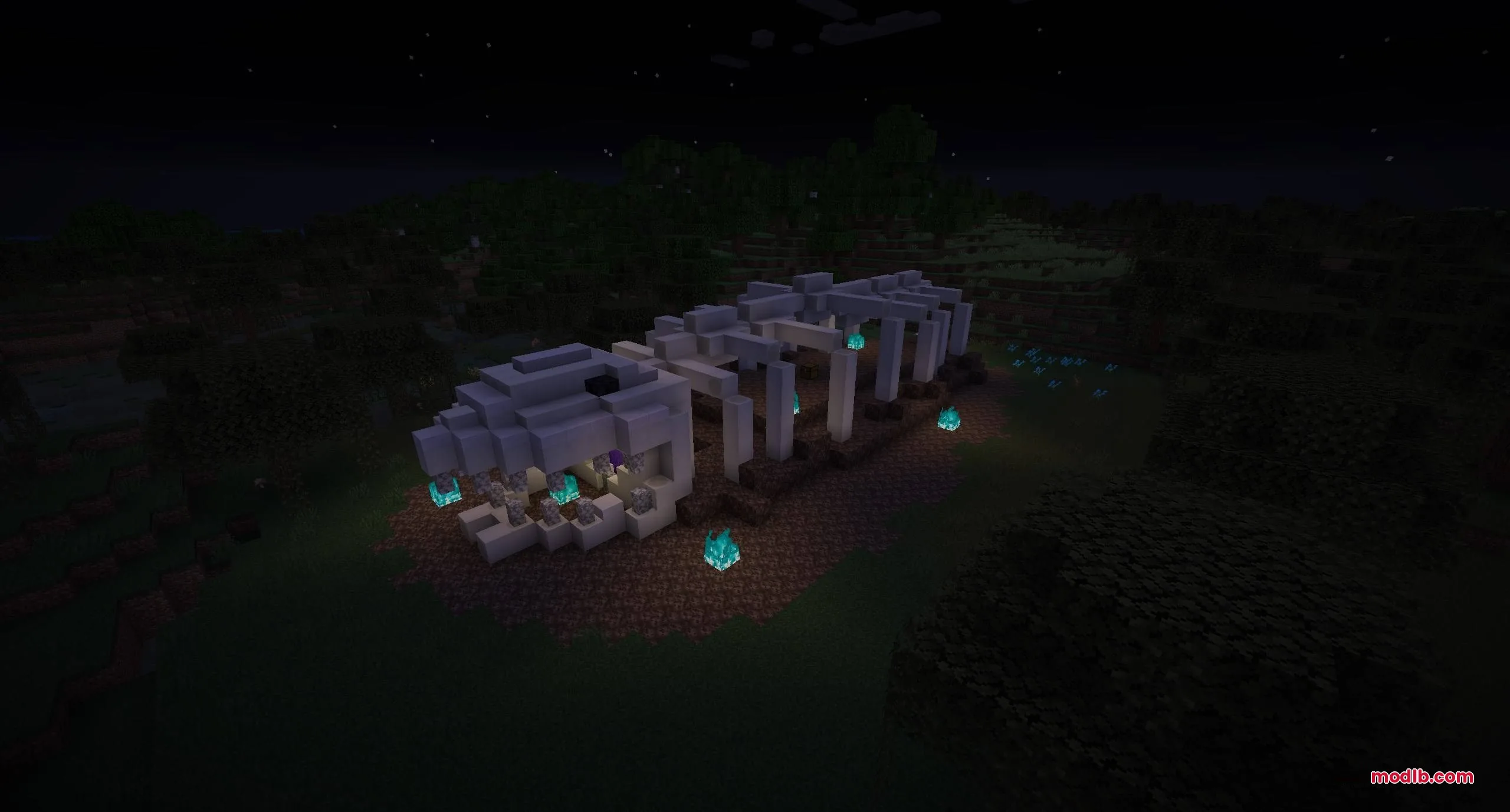 Dimensional Breach Scars Data Pack Screenshot 6 A giant skeleton ribcage structure with soul fire in a dark field
