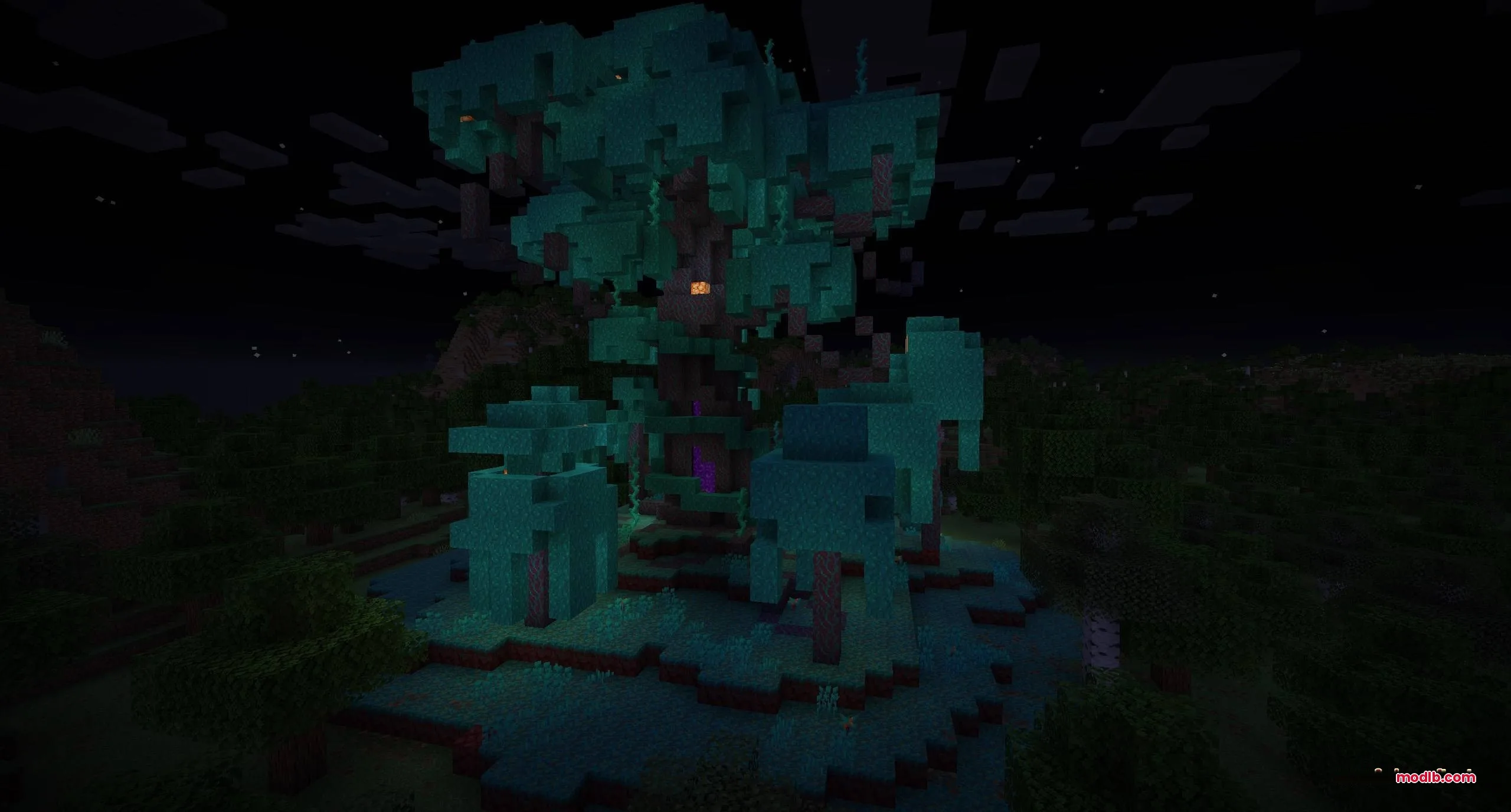Dimensional Breach Scars Data Pack Screenshot 5 A massive warped forest tree structure with a nether portal at night