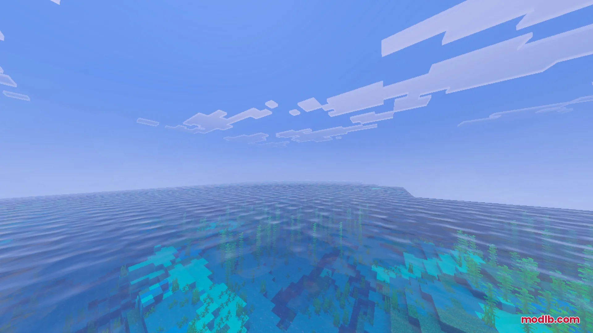 A vast blue ocean with smooth wave animations and visible underwater plants
