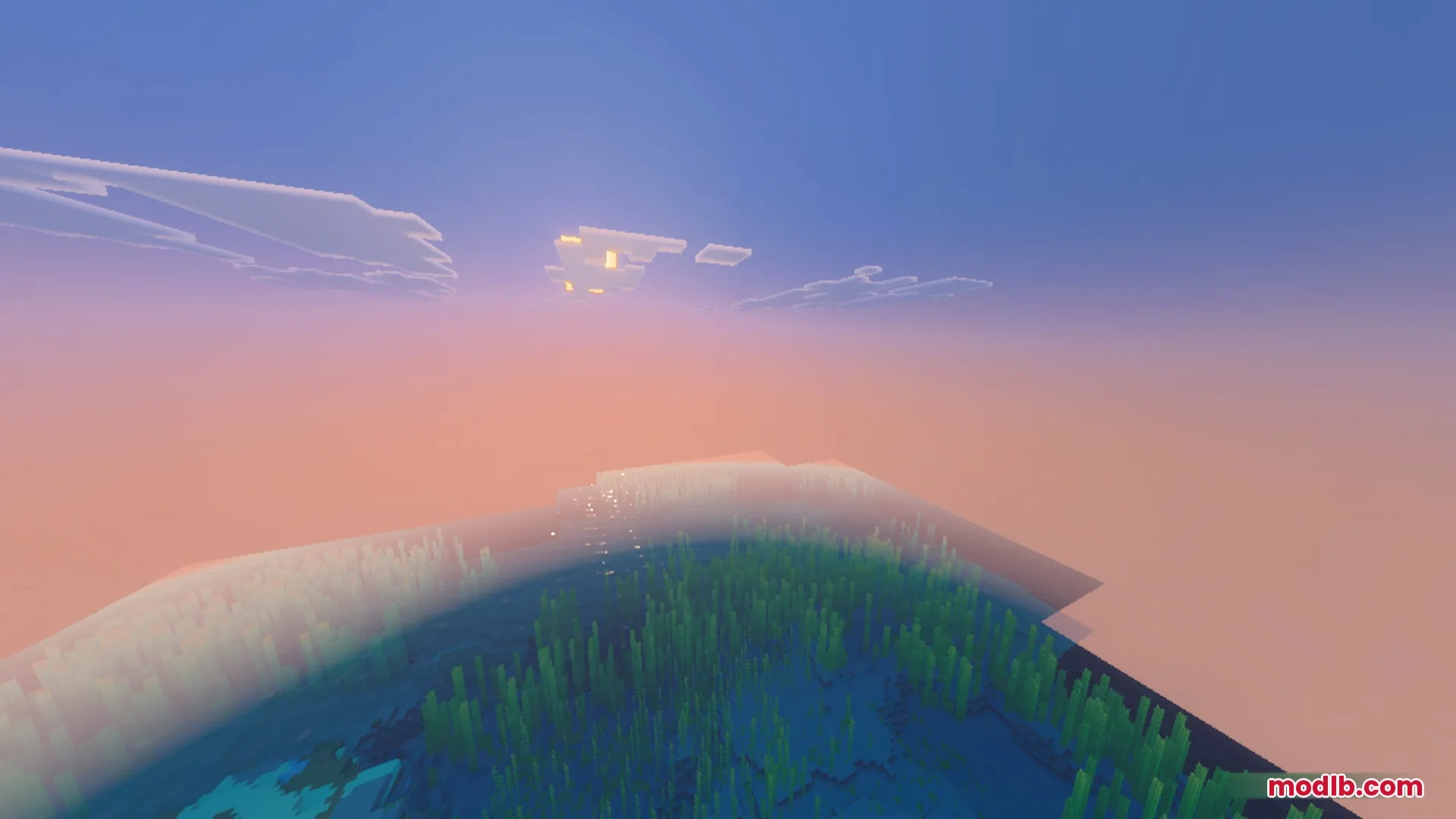Sunset over a Minecraft ocean with realistic waves and dynamic light reflections