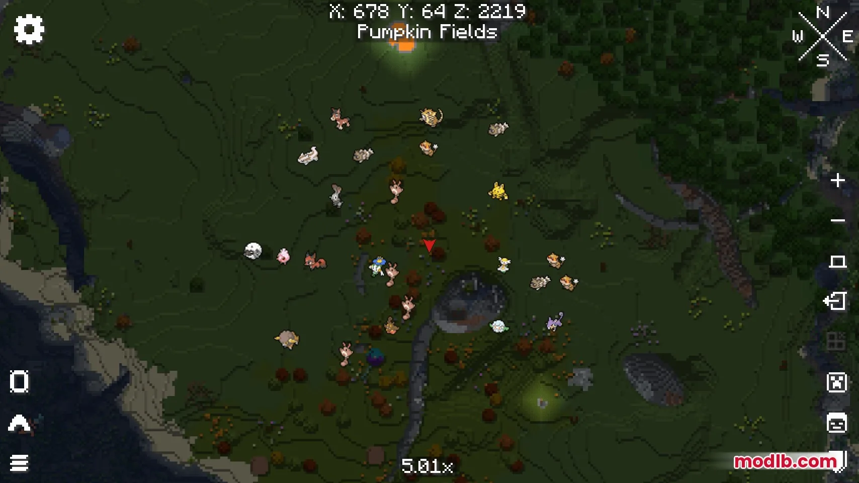 Minimap showing various Pokemon icons over a grassy Pumpkin Fields biome