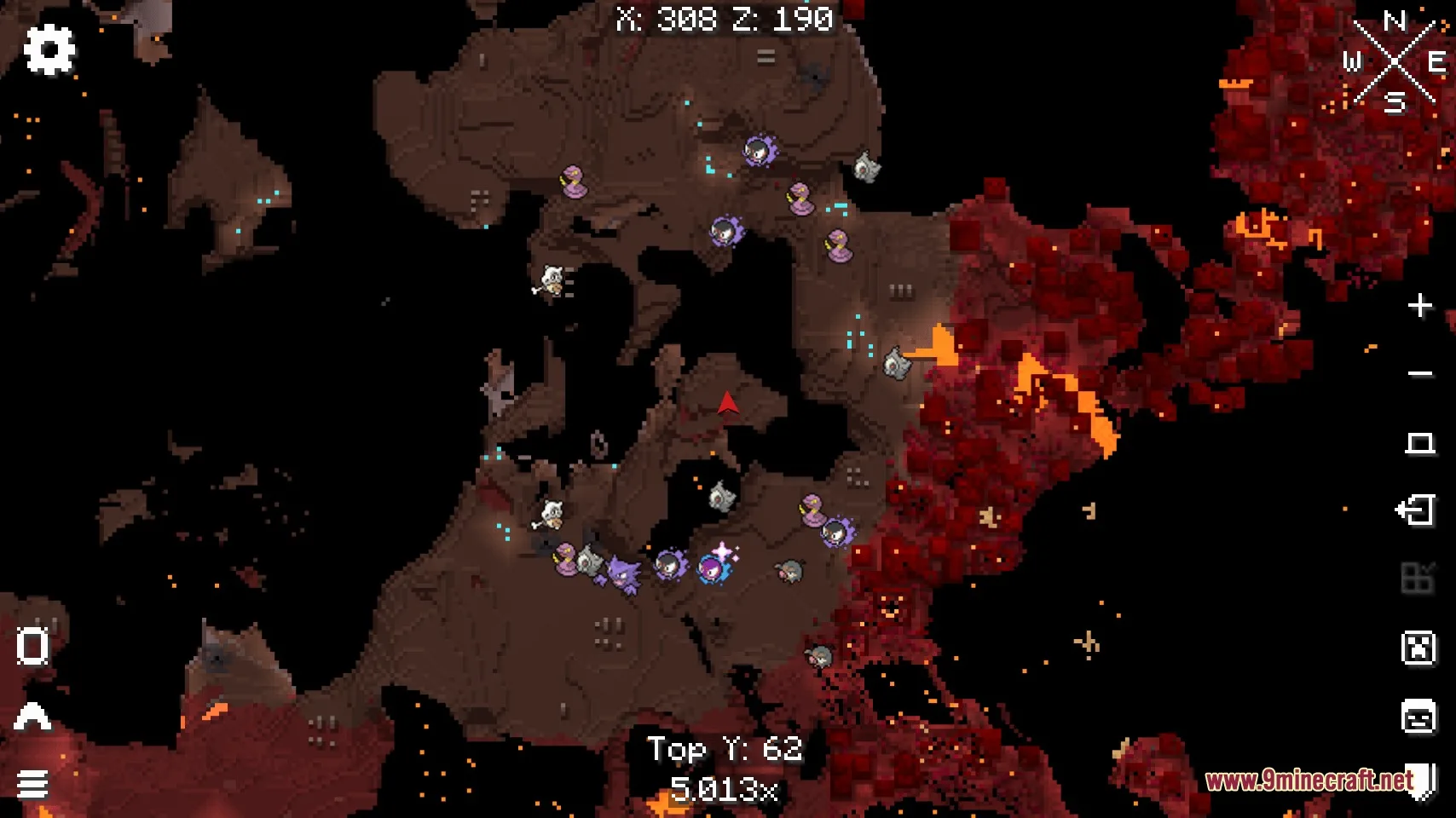 Minimap displaying various Pokemon icons over a dark Nether terrain map