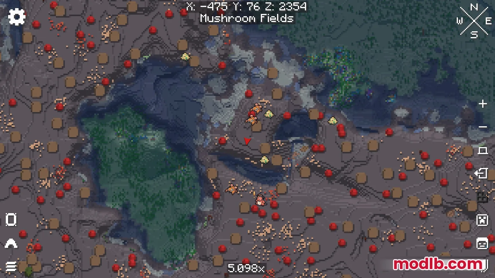 Cobblemon icons scattered across a mushroom fields biome on the minimap screen
