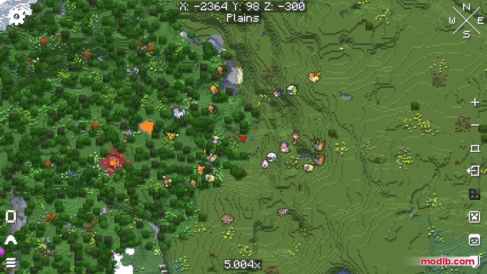 Minimap interface displaying various Pokemon icons across a green forest landscape