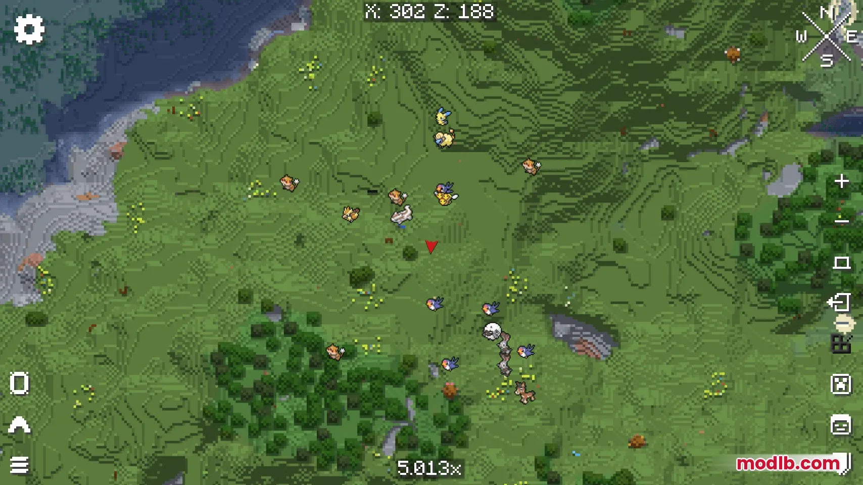 The minimap displays custom Pokemon icons over a green Minecraft landscape