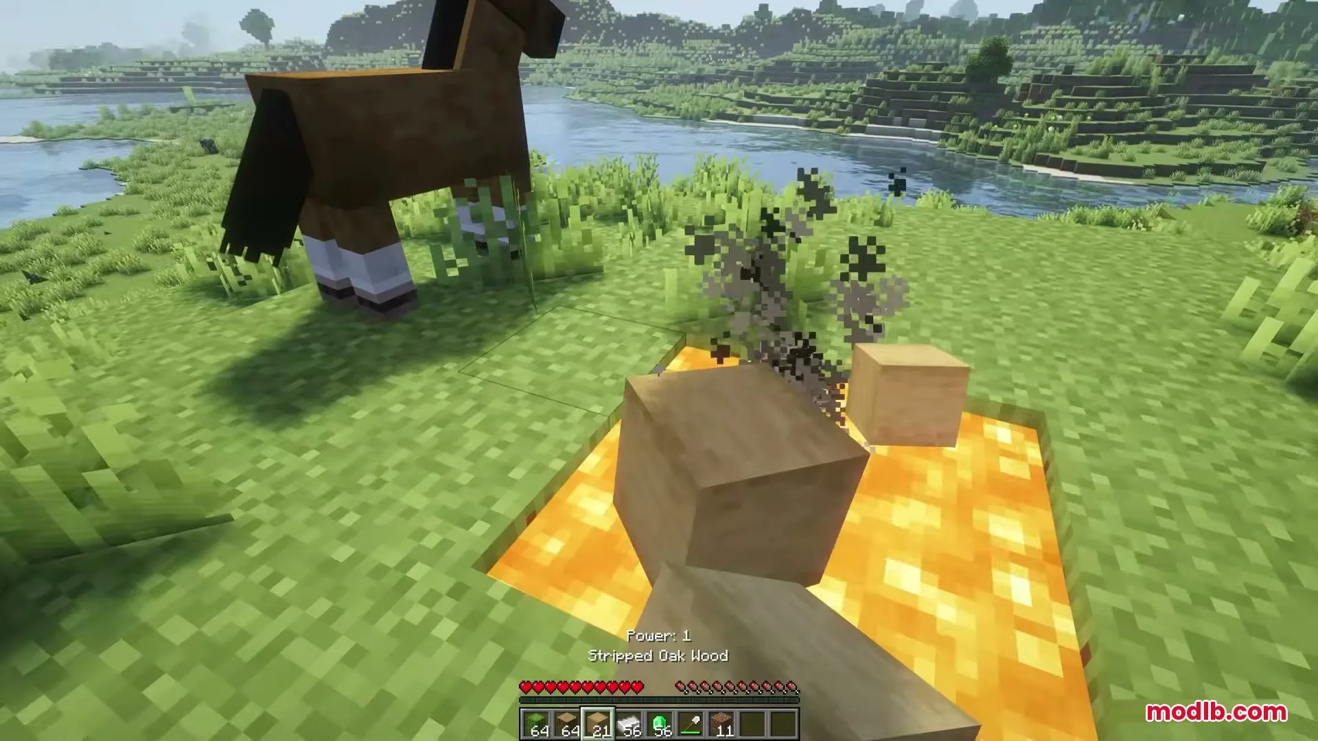 Eating Animations Mod Screenshot 7 Player holds a stripped oak wood block with a bite mark near a horse