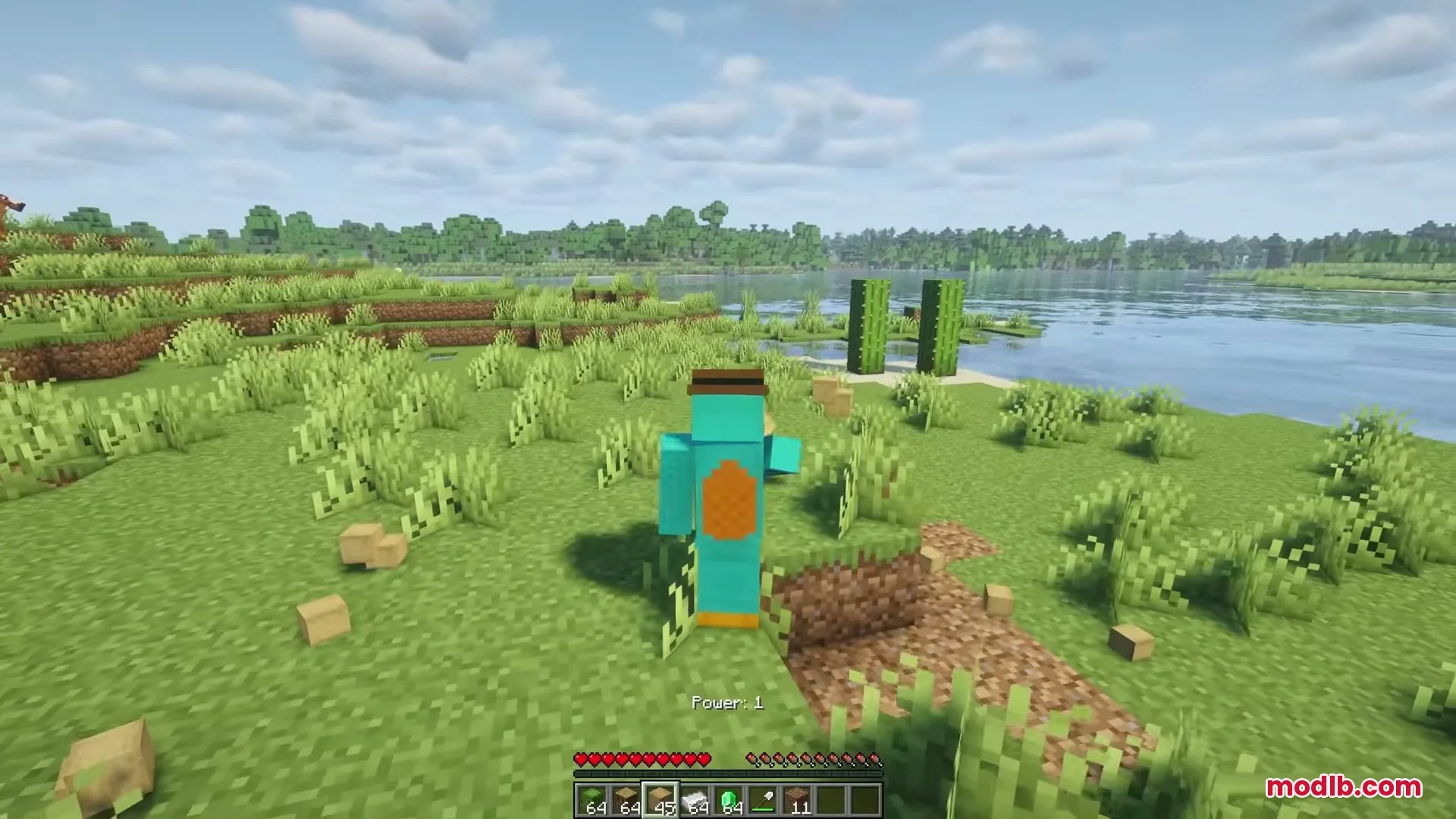 Eating Animations Mod Screenshot 4 Minecraft character eating food with crumbs falling in a scenic grassy biome
