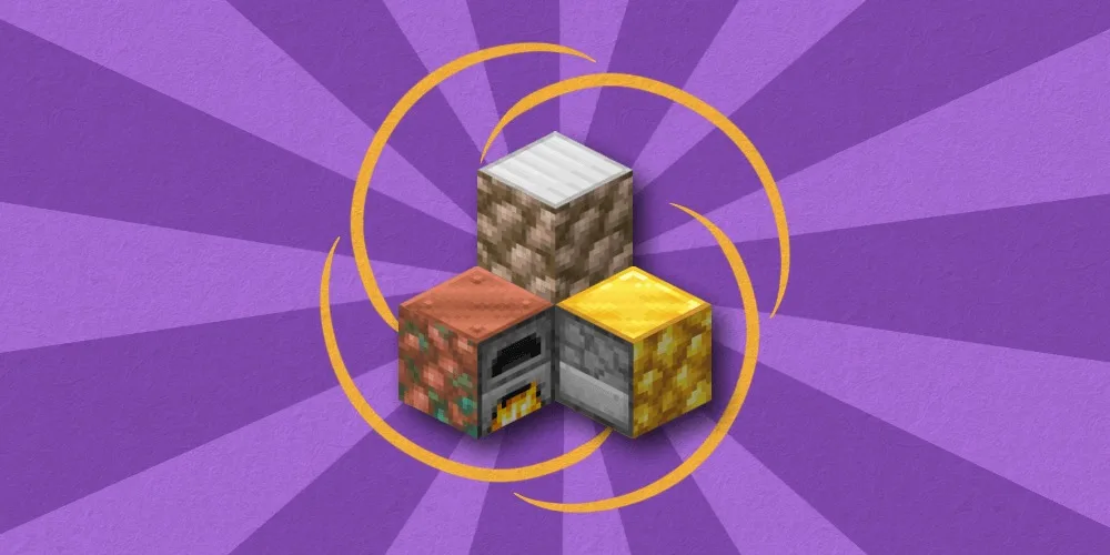 Efficient Raw Ore Blocks Smelting Data Pack Screenshot 1 Three Minecraft raw ore blocks with furnace faces on a purple background