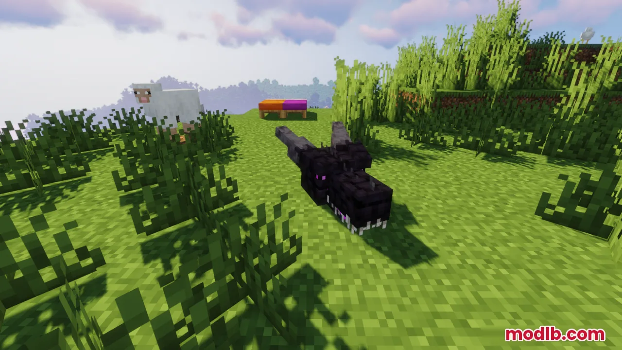 The aggressive Ender Dragon Reborn head sitting in a field with sheep