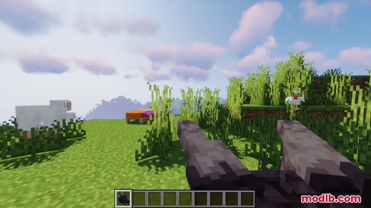 Player holding a dark dragon head item while looking at a white chicken