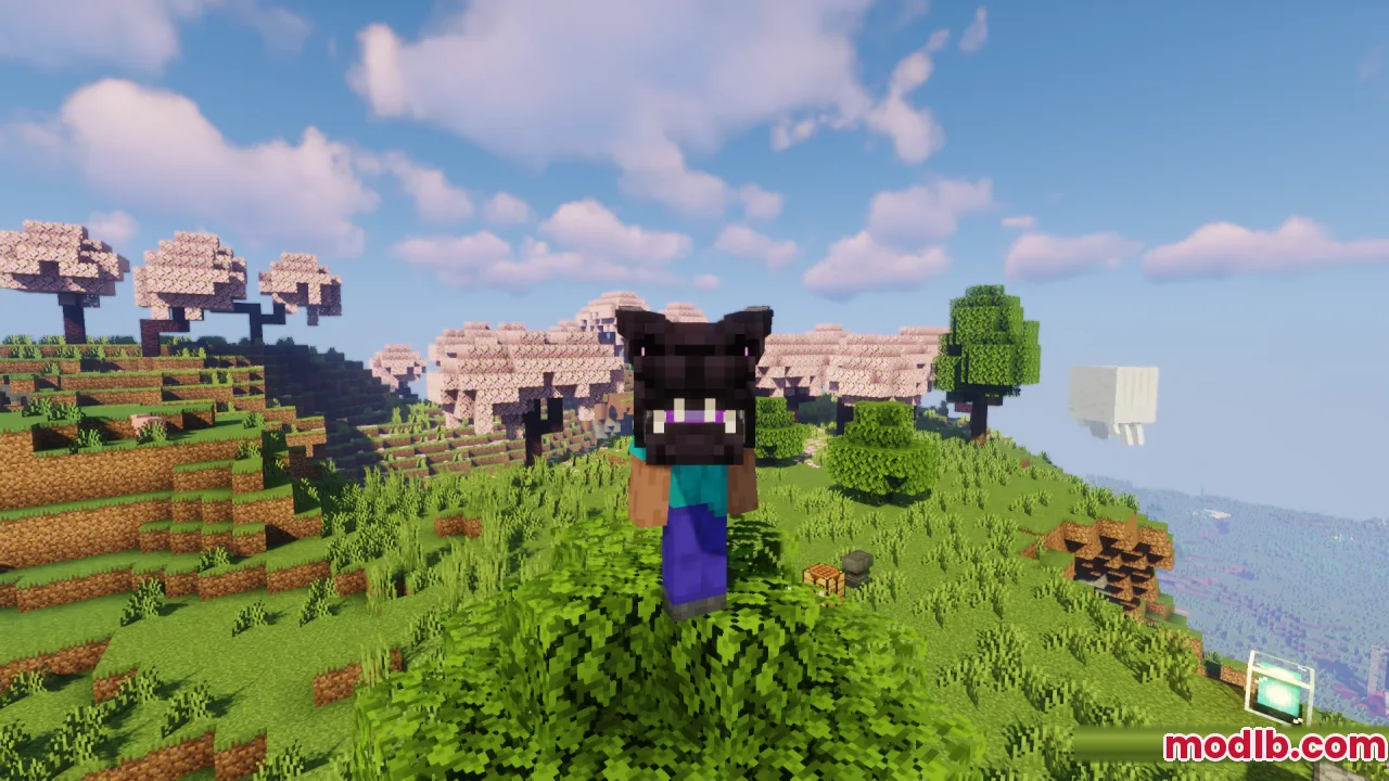 A player wearing the Ender Dragon Reborn head in a cherry blossom forest