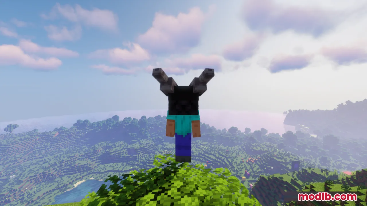 A player wearing a dragon head stands on a tree overlooking the world