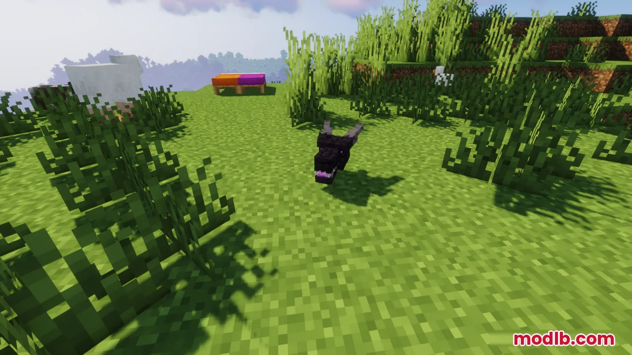 Front view of a floating Ender Dragon head on a grassy Minecraft landscape
