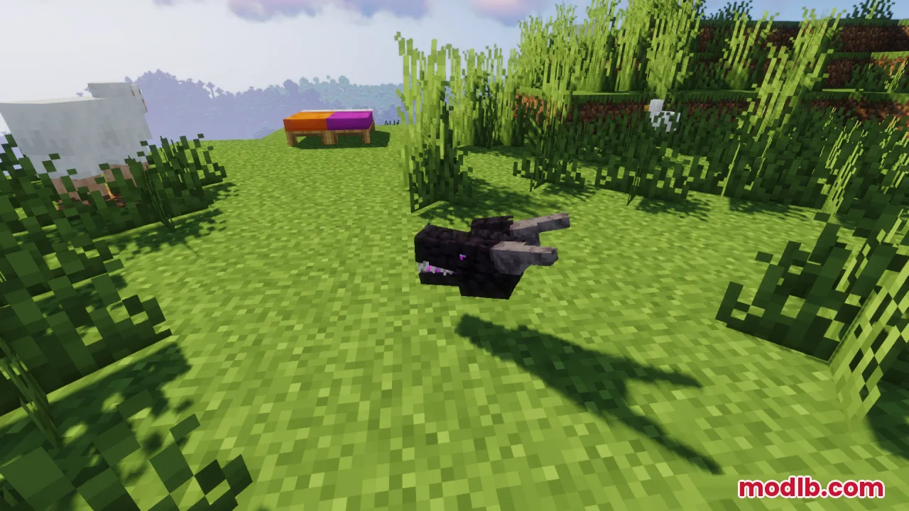A detailed Ender Dragon head model floating over a grassy Minecraft field