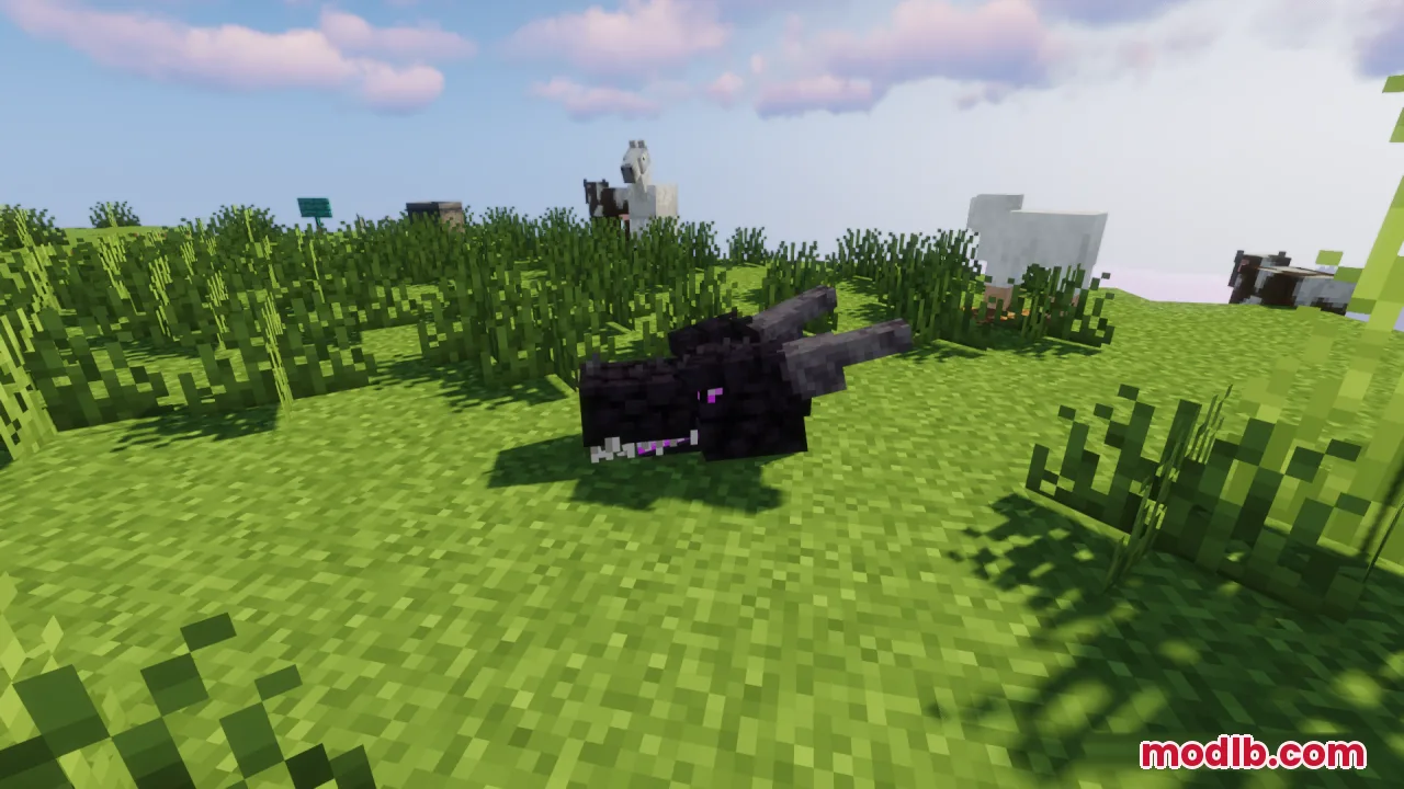 A detailed wyvern style dragon head resting on the grass in Minecraft